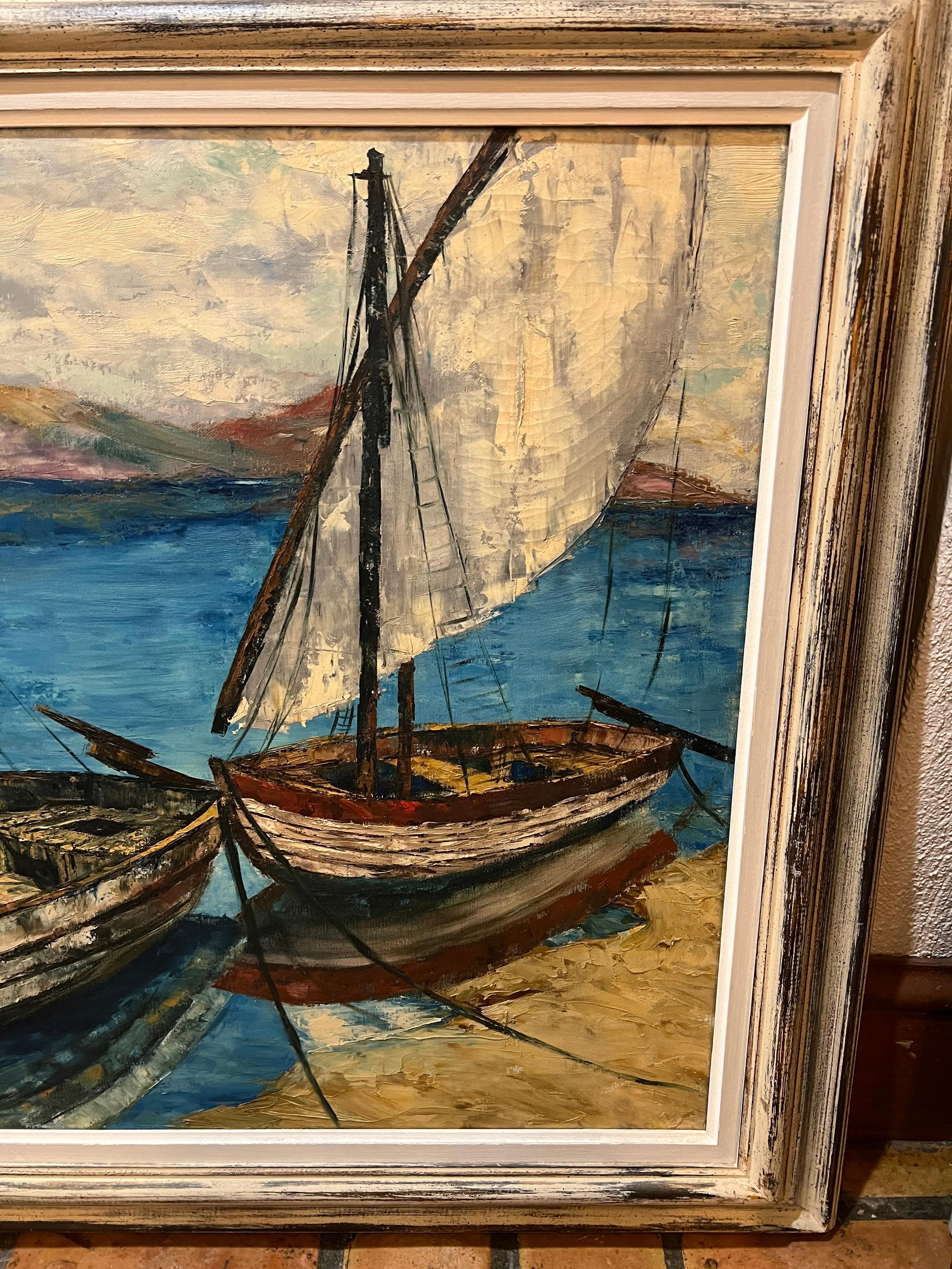 Grande peinture de voiliers du milieu du siècle dernier en vente 6