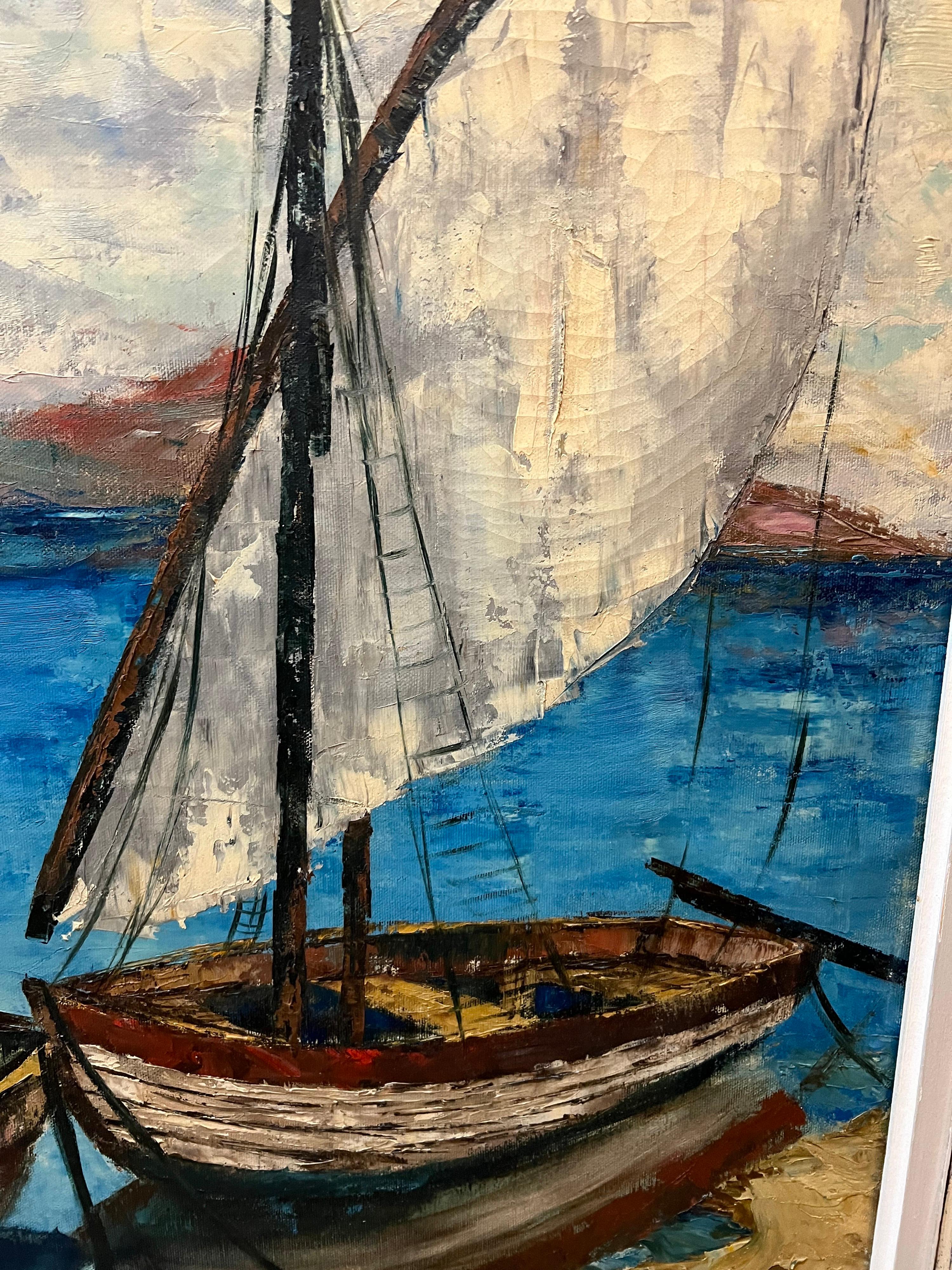 Grande peinture de voiliers du milieu du siècle dernier en vente 9
