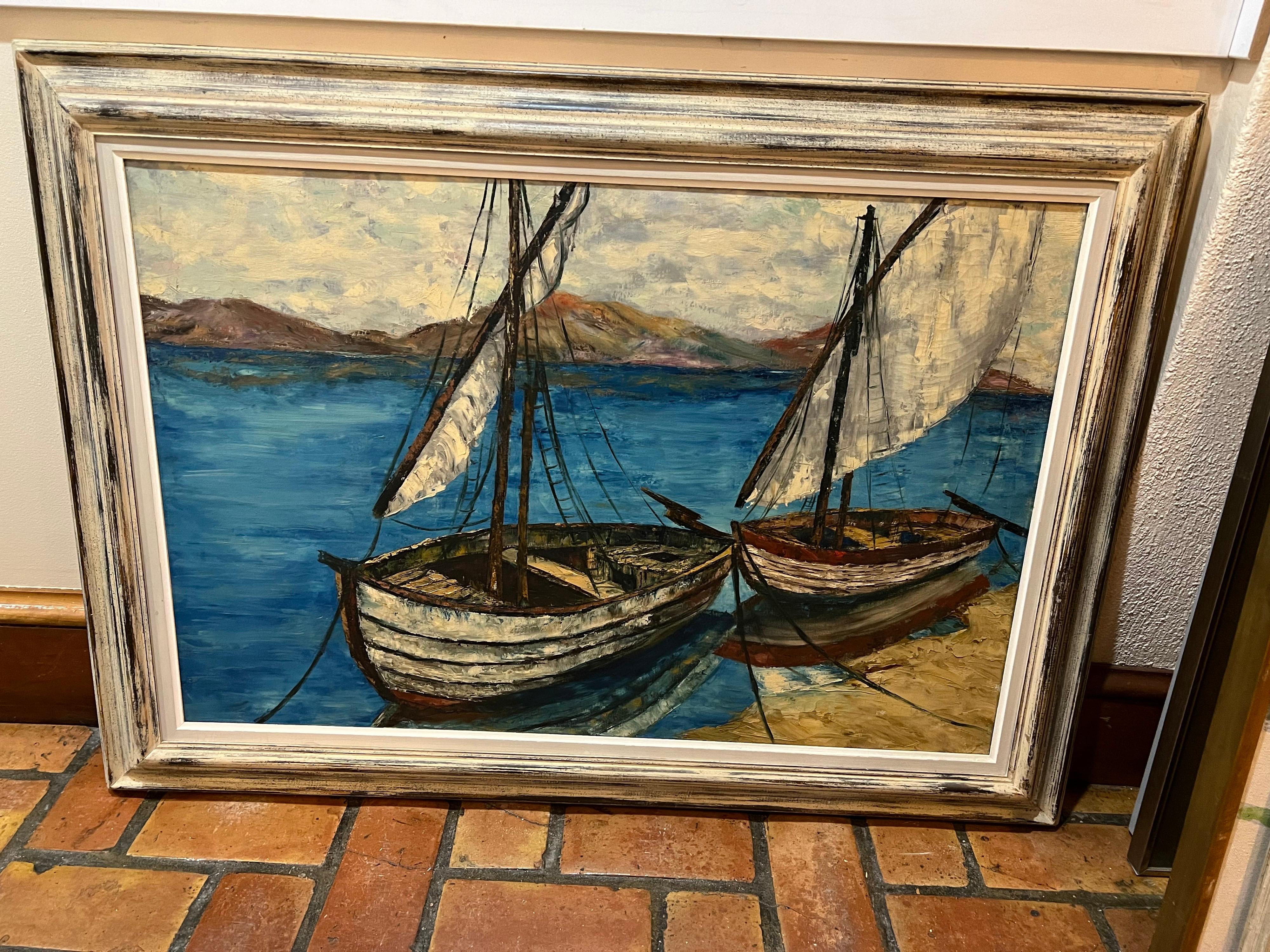Grande peinture de voiliers du milieu du siècle dernier en vente 10