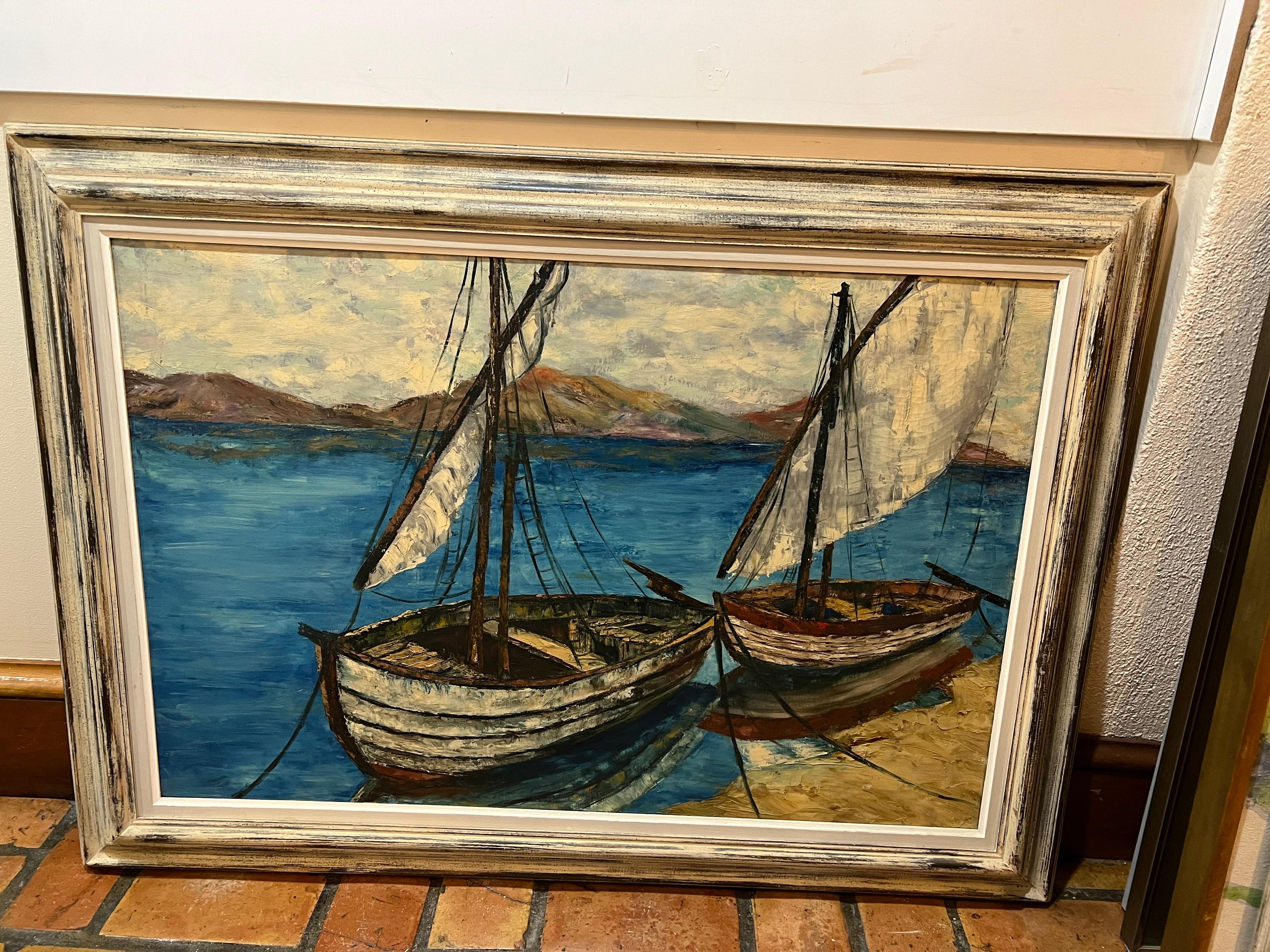 Large mid century oil on canvas of Sailboats. Tranquil setting of two sailboats drifting in a large blue body of water with mountains in the background. Nice impasto technique. Original wooden driftwood color frame with linen border. This item can