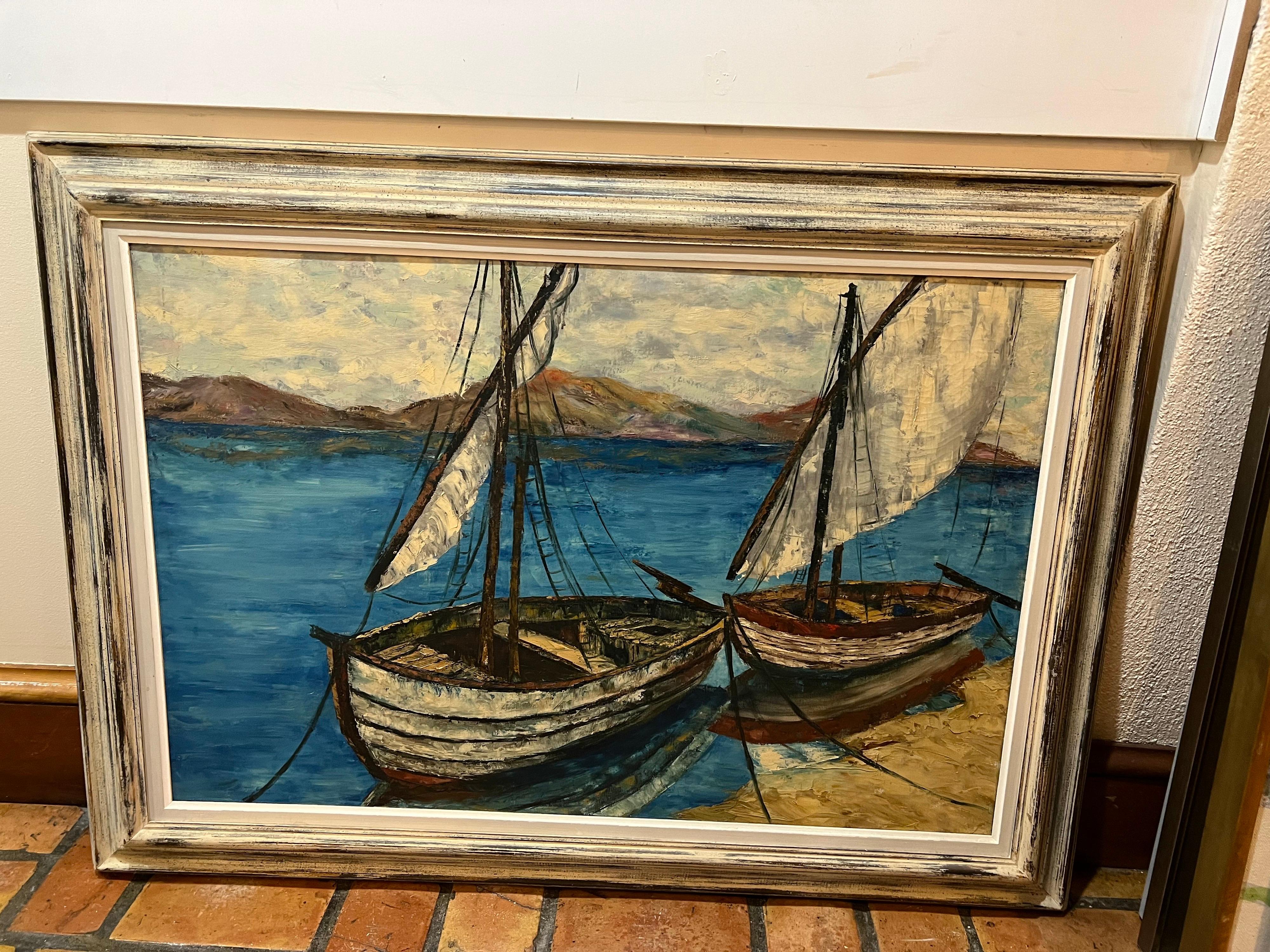 Mid-Century Modern Grande peinture de voiliers du milieu du siècle dernier en vente