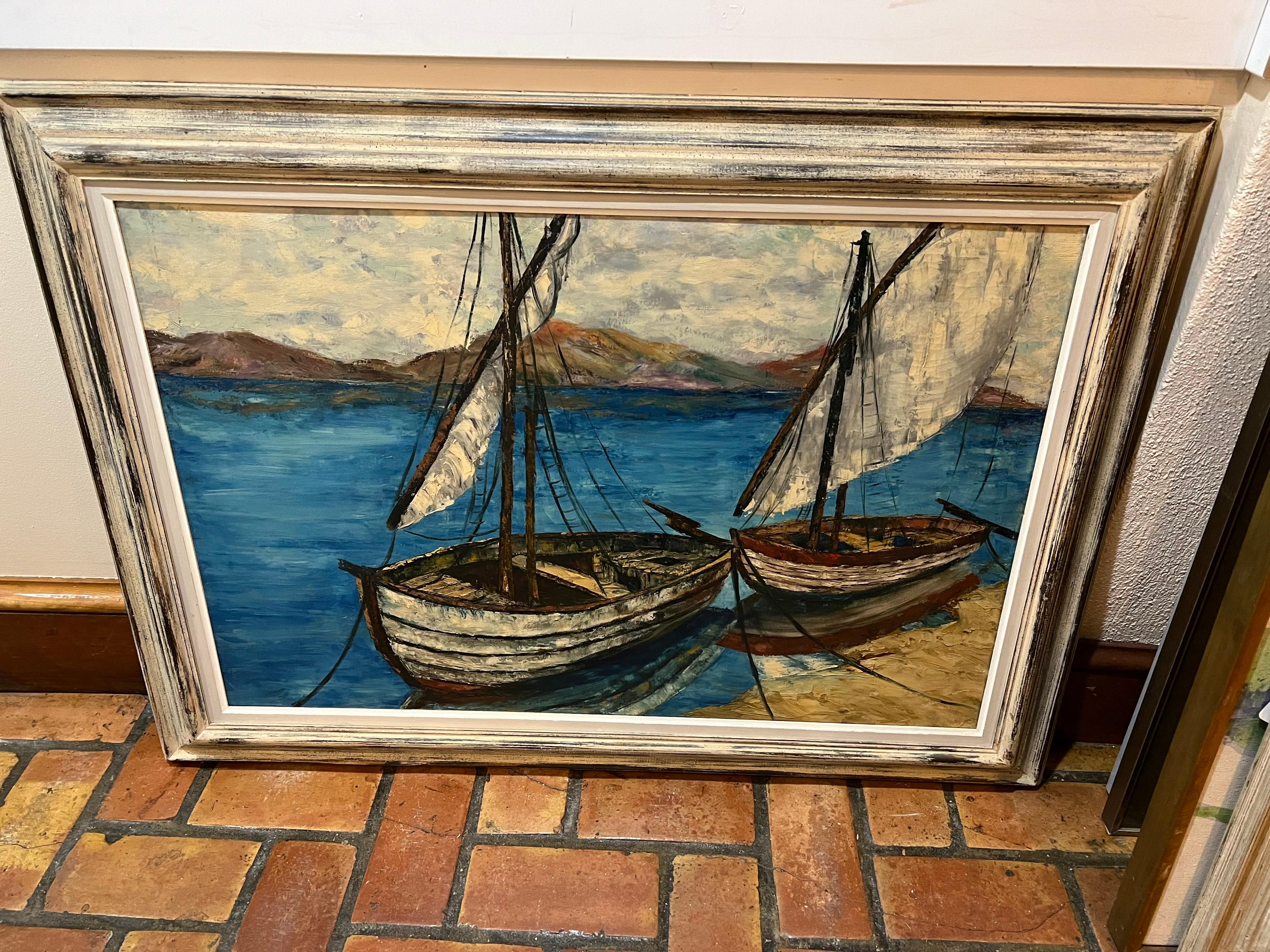 Large Mid-Century Sailboat Painting In Good Condition For Sale In Redding, CT