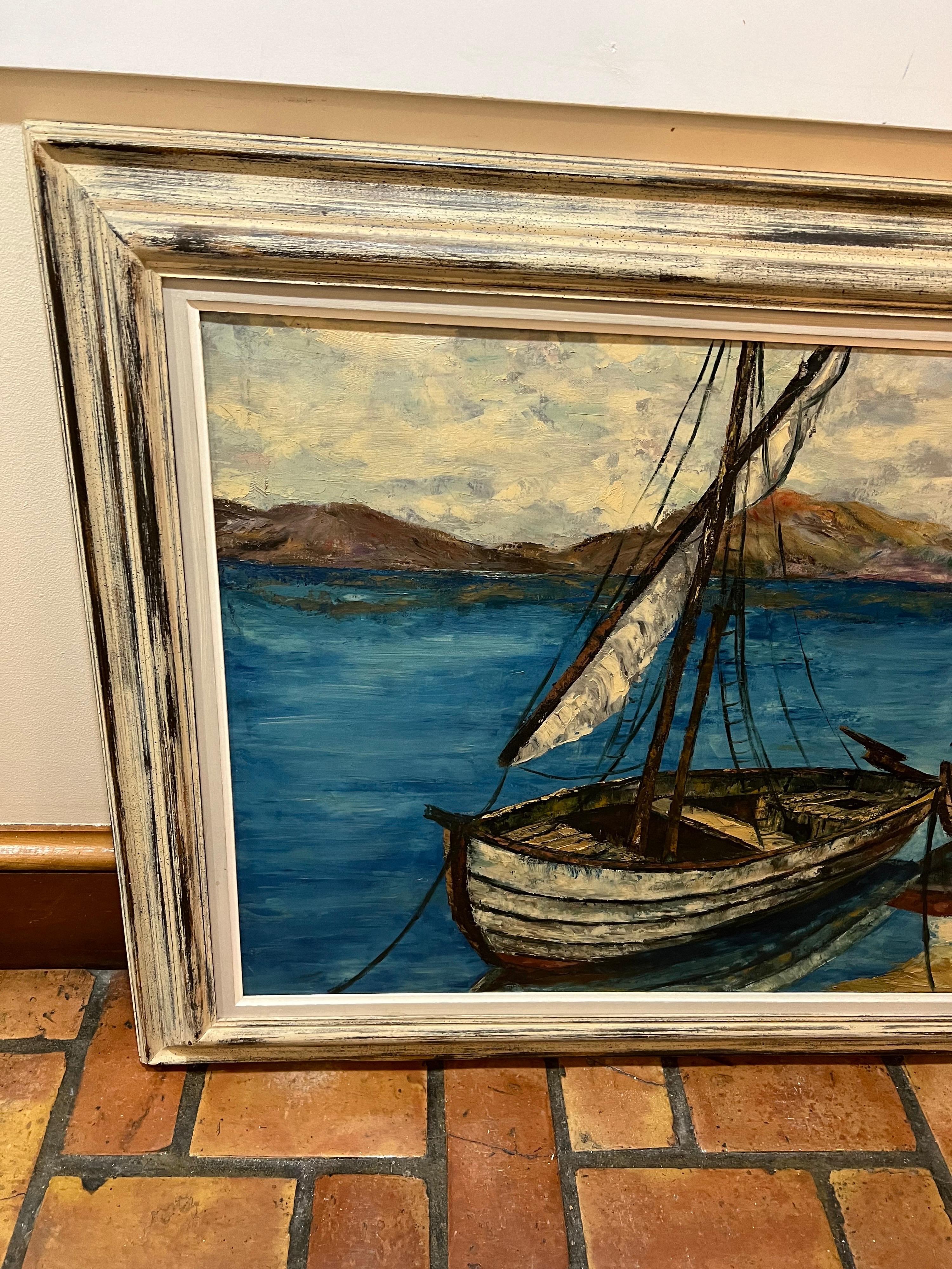Milieu du XXe siècle Grande peinture de voiliers du milieu du siècle dernier en vente