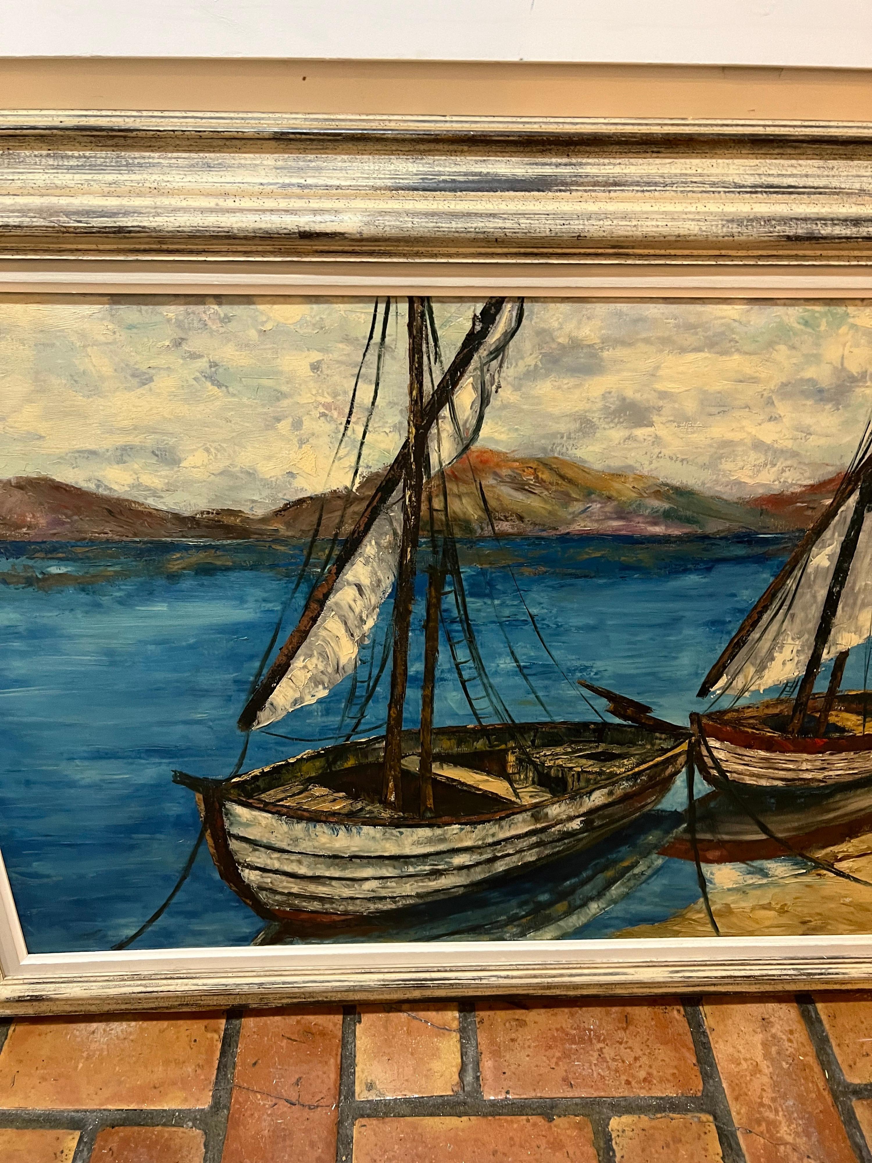 Canvas Large Mid-Century Sailboat Painting For Sale