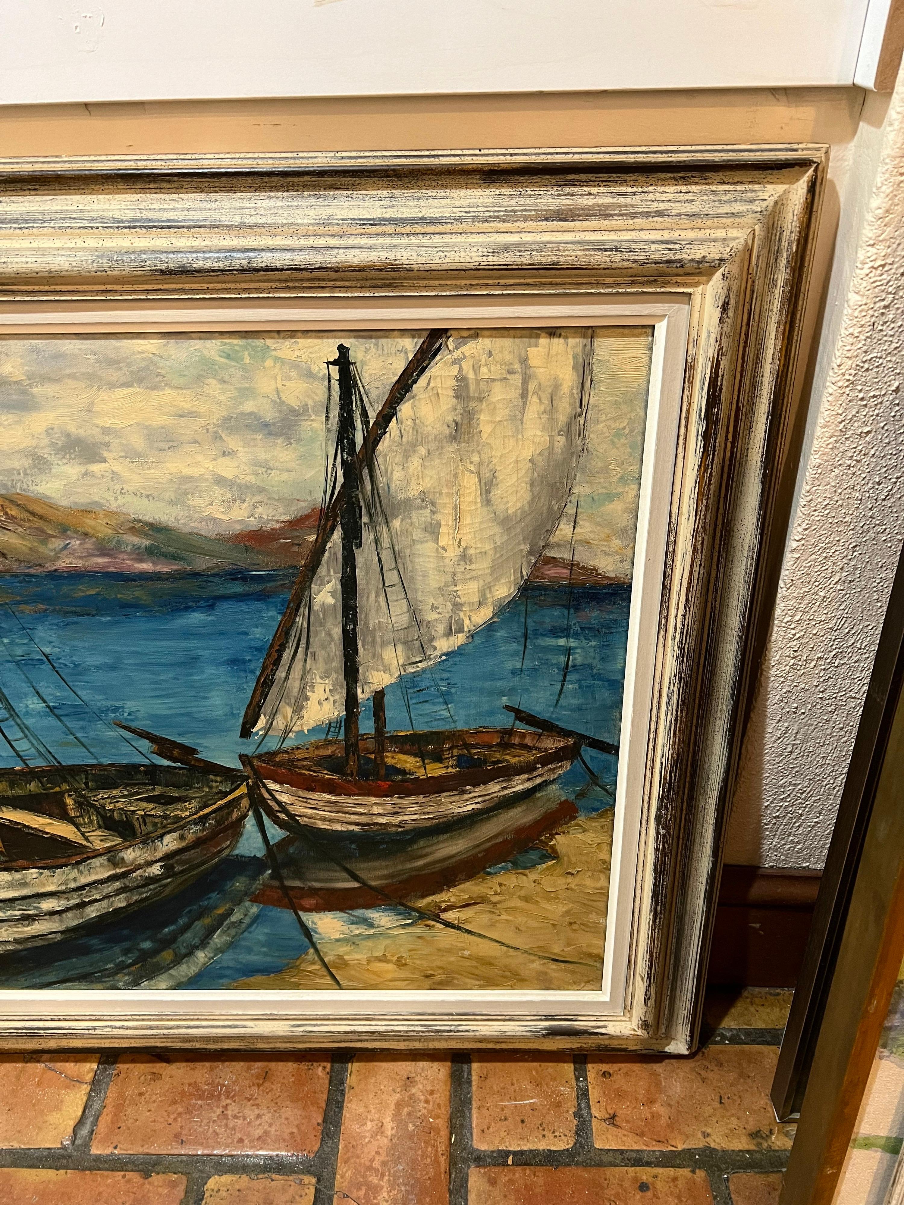 Grande peinture de voiliers du milieu du siècle dernier en vente 1