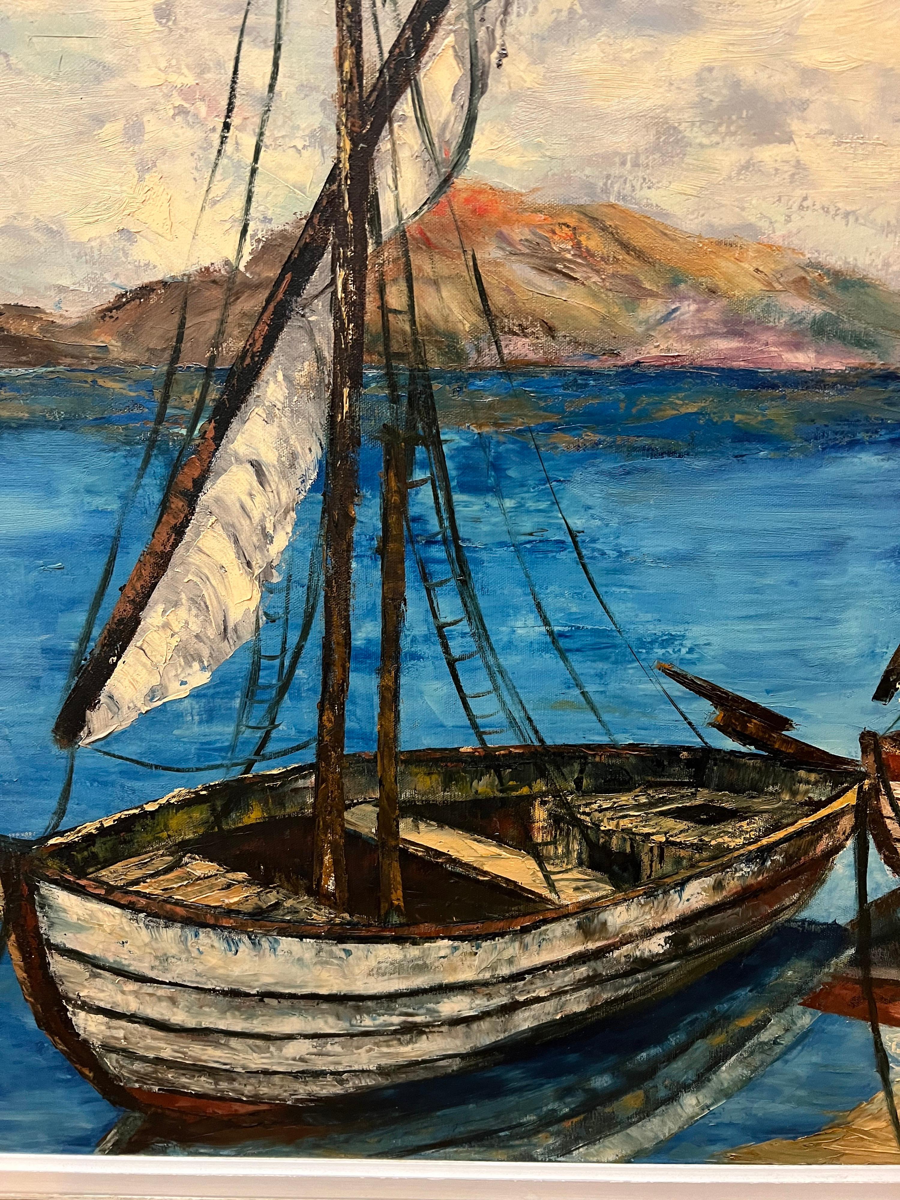 Grande peinture de voiliers du milieu du siècle dernier en vente 3