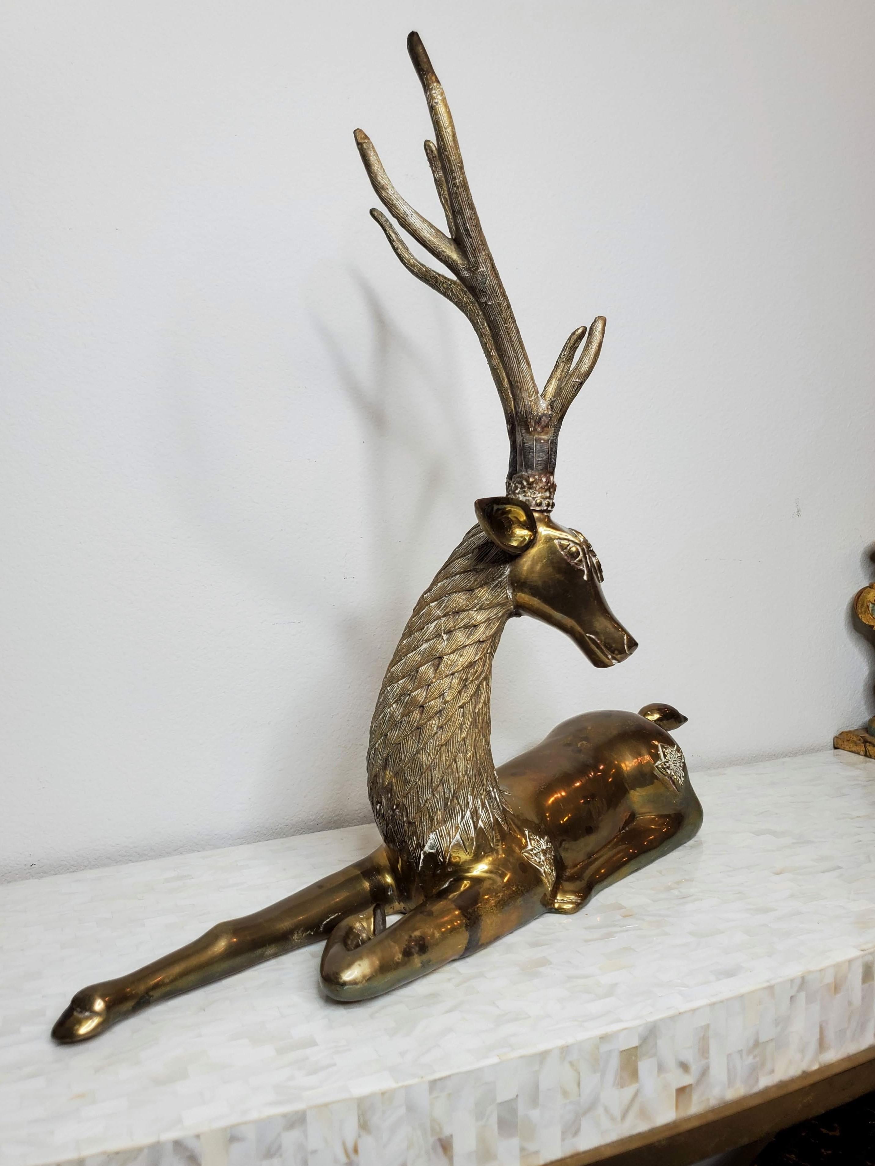 Large Mid-Century Sarreid Brass Reclining Stag Deer Sculpture 4