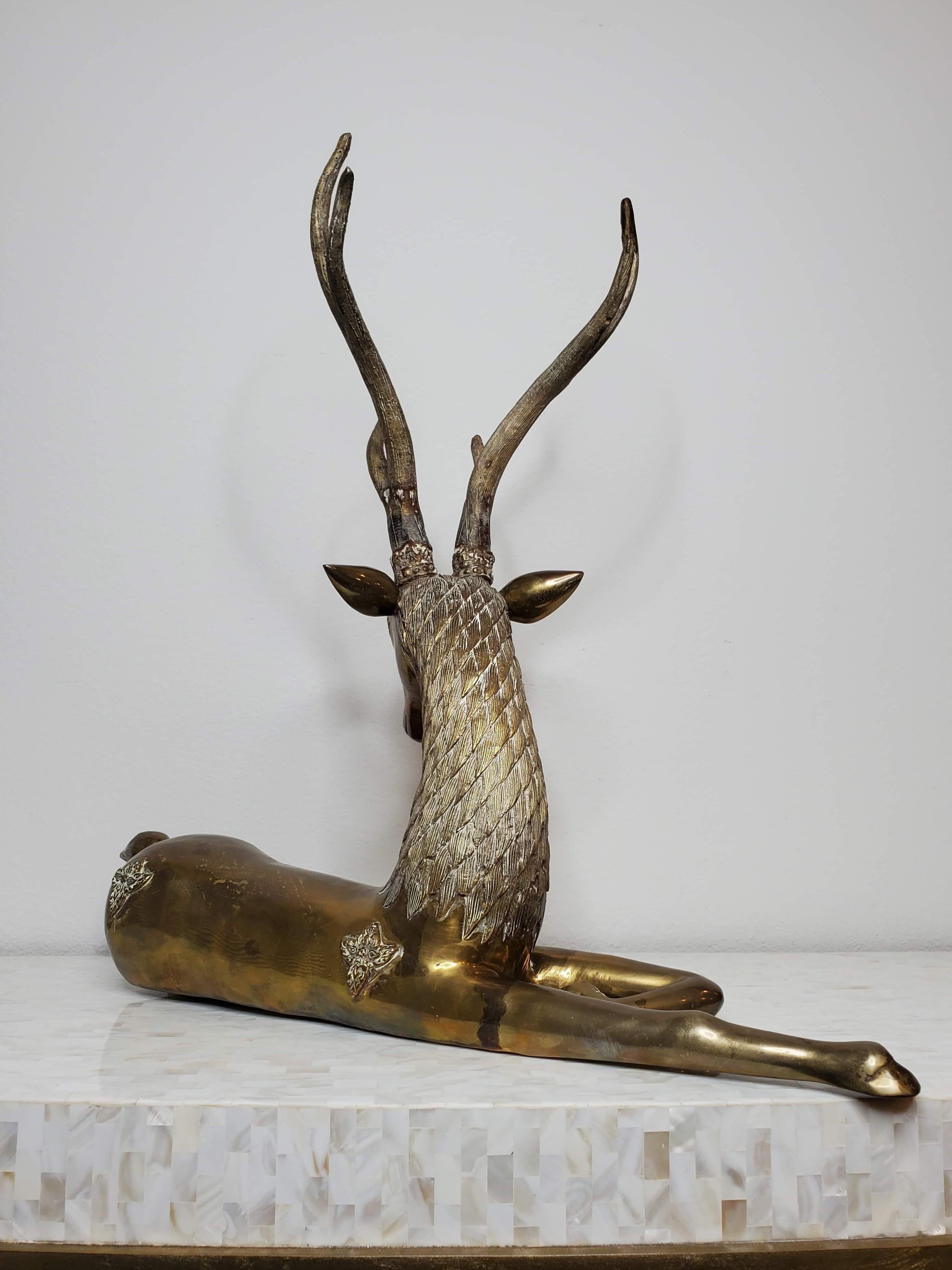 Large Mid-Century Sarreid Brass Reclining Stag Deer Sculpture 8