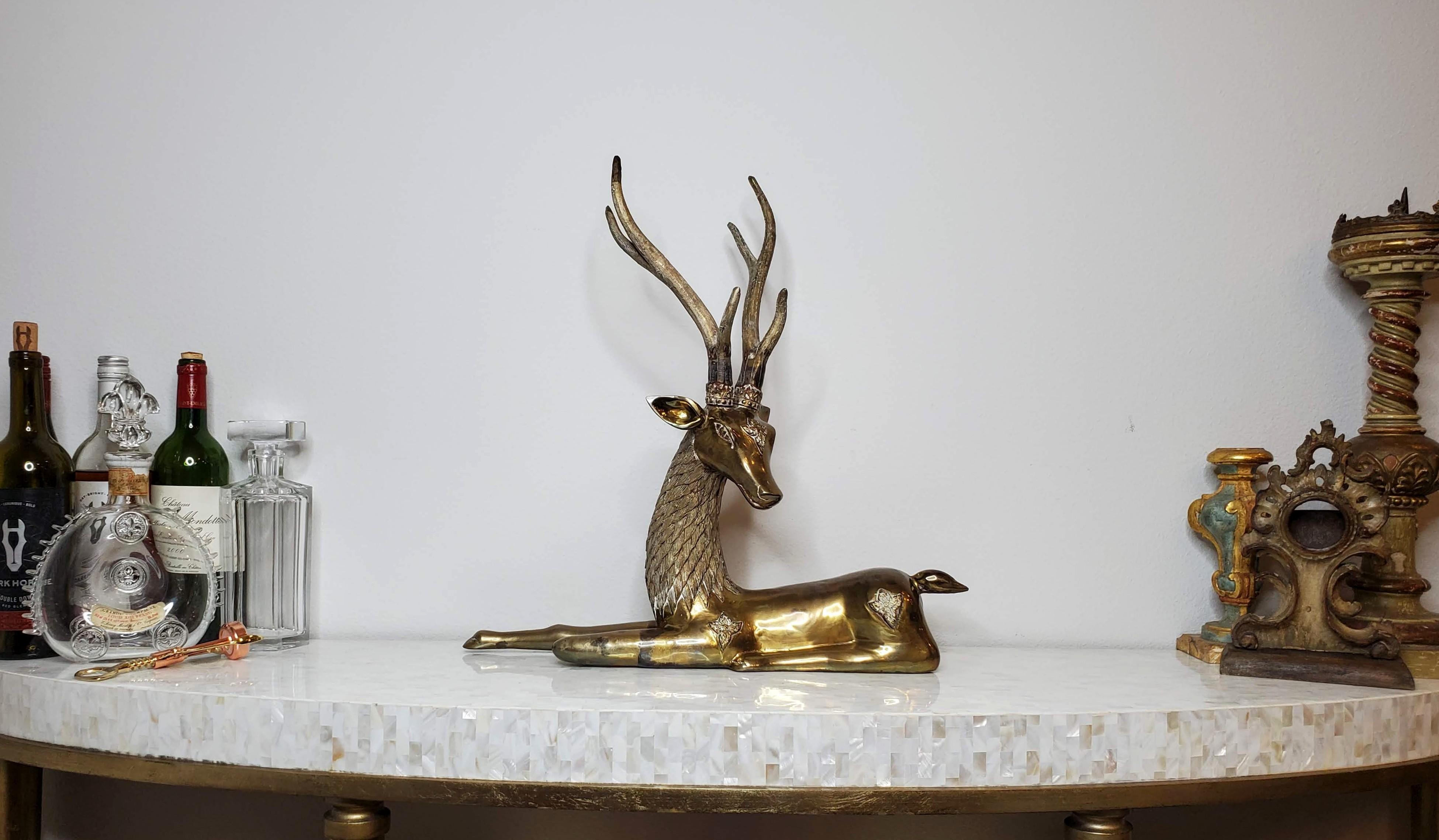 A stunning, rare, very fine quality early Sarreid polished brass stag with beautifully aged patina! 

The scarce huge Mid-century Modern - Hollywood Regency naturalistic deer with charming whimsical elements has a truly luxurious presence that's