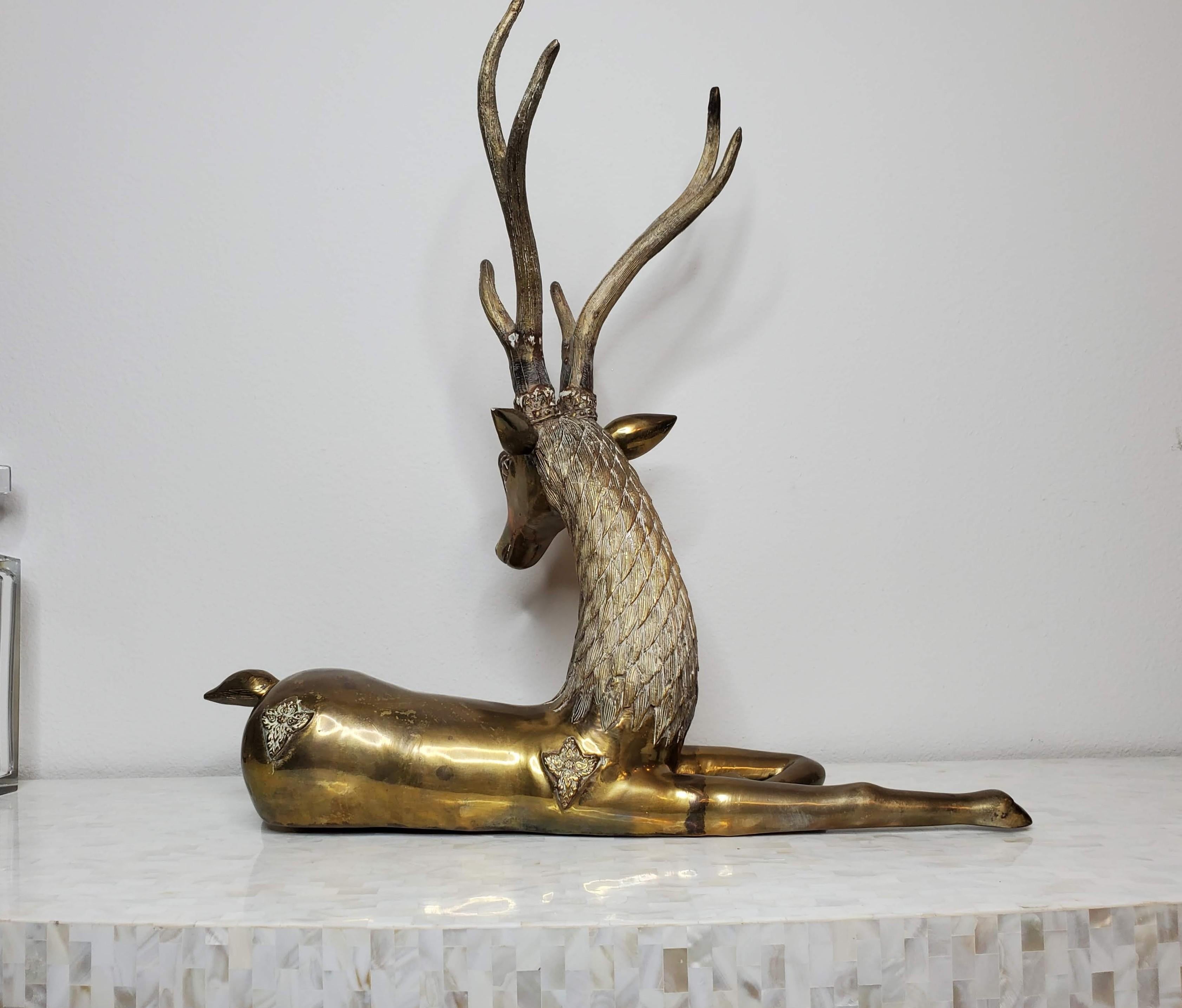 20th Century Large Mid-Century Sarreid Brass Reclining Stag Deer Sculpture