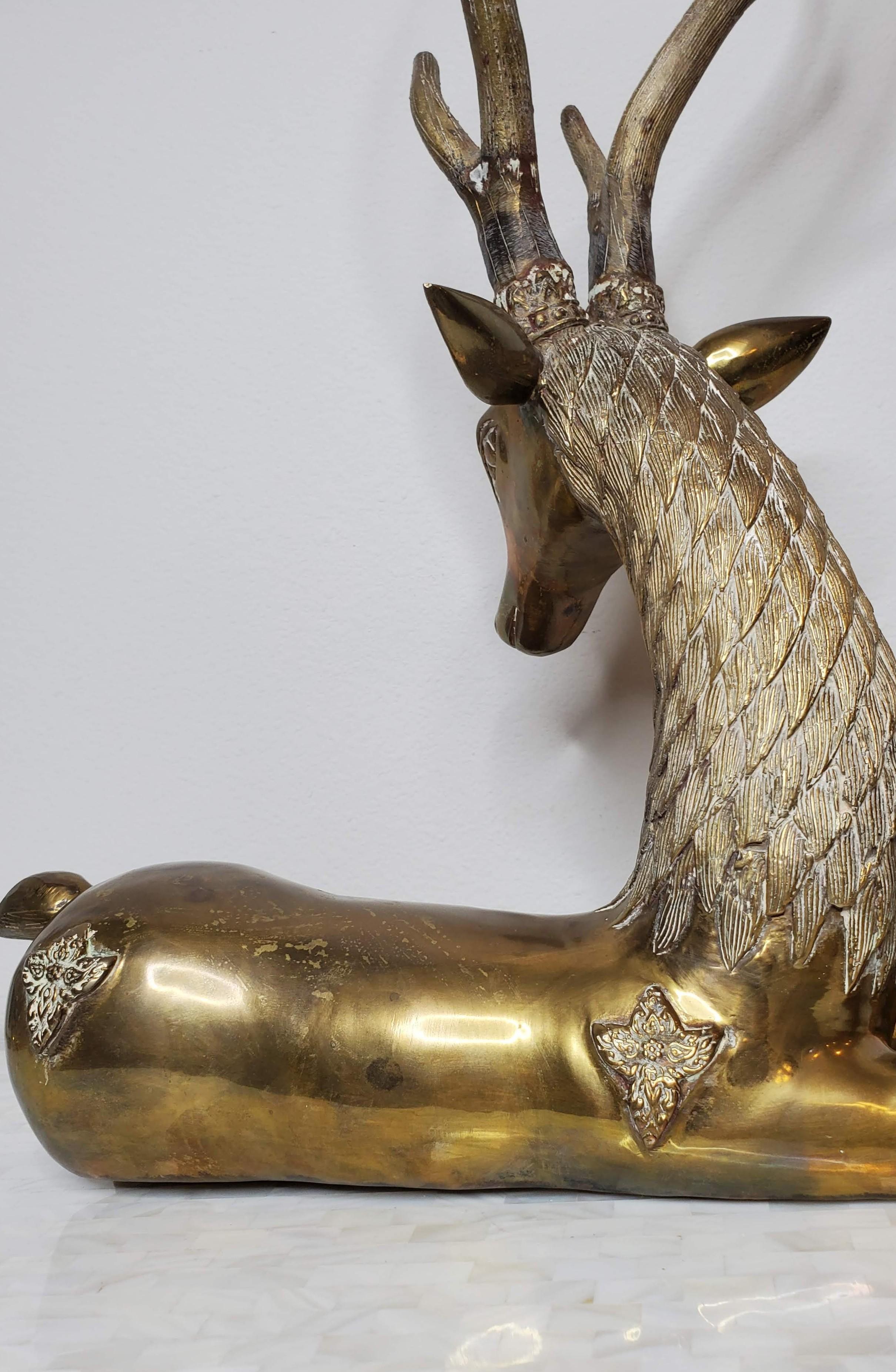 Large Mid-Century Sarreid Brass Reclining Stag Deer Sculpture 1