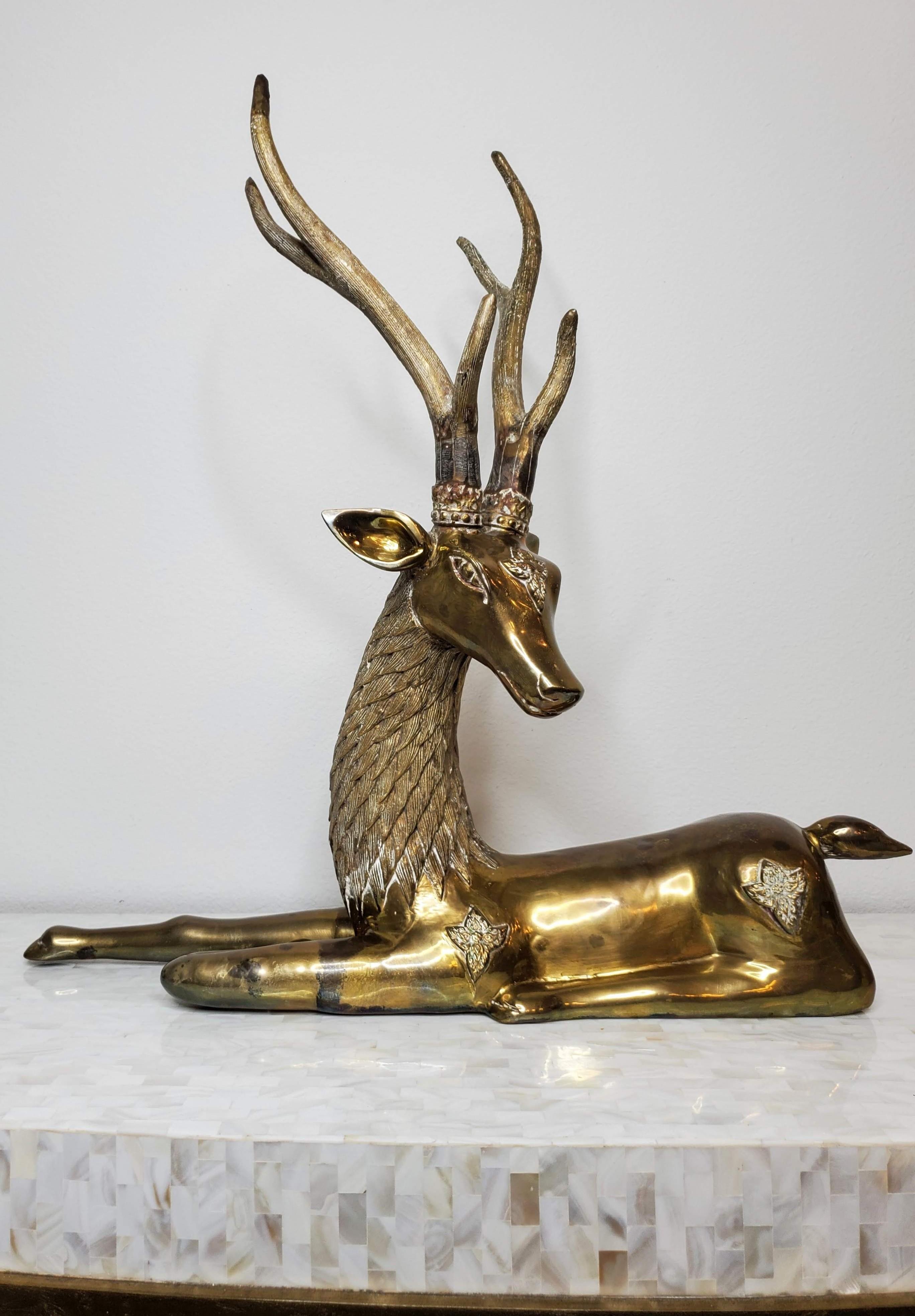 Large Mid-Century Sarreid Brass Reclining Stag Deer Sculpture 2