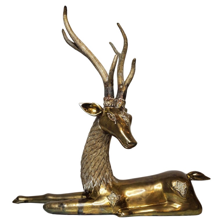 Large MidCentury Sarreid Brass Reclining Stag Deer Sculpture For Sale