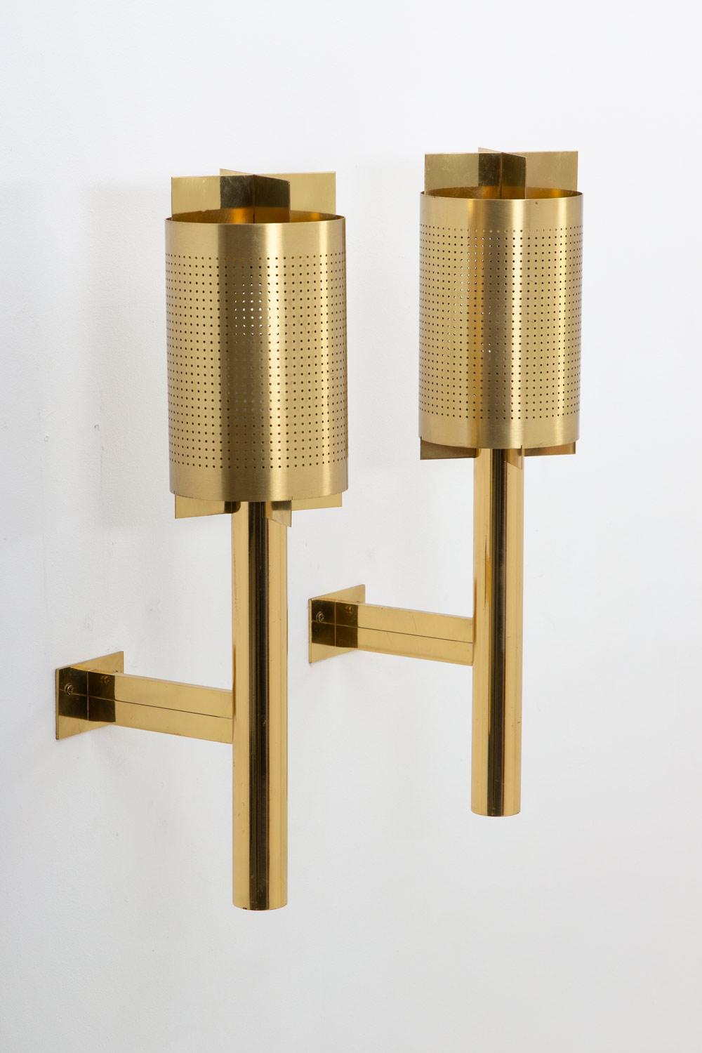 Mid-Century Modern Large Midcentury Scandinavian Wall Sconces in Perforated Brass For Sale