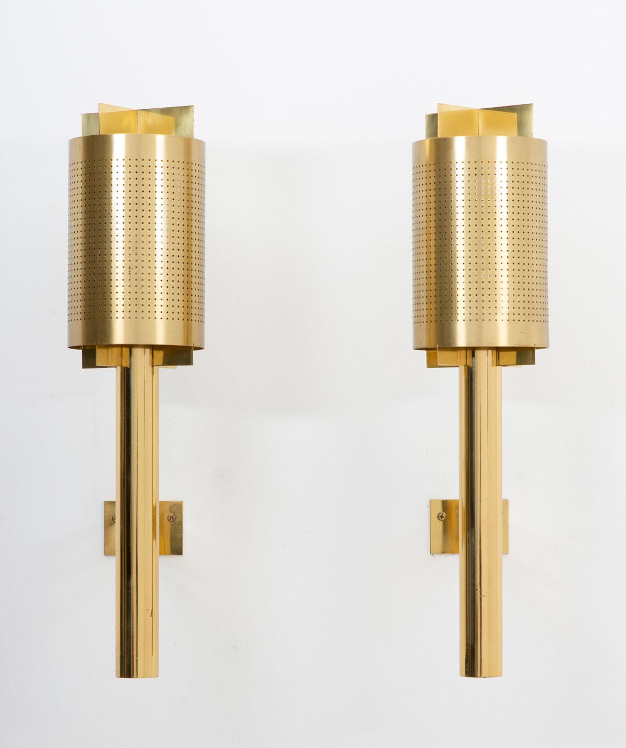 Swedish Large Midcentury Scandinavian Wall Sconces in Perforated Brass For Sale