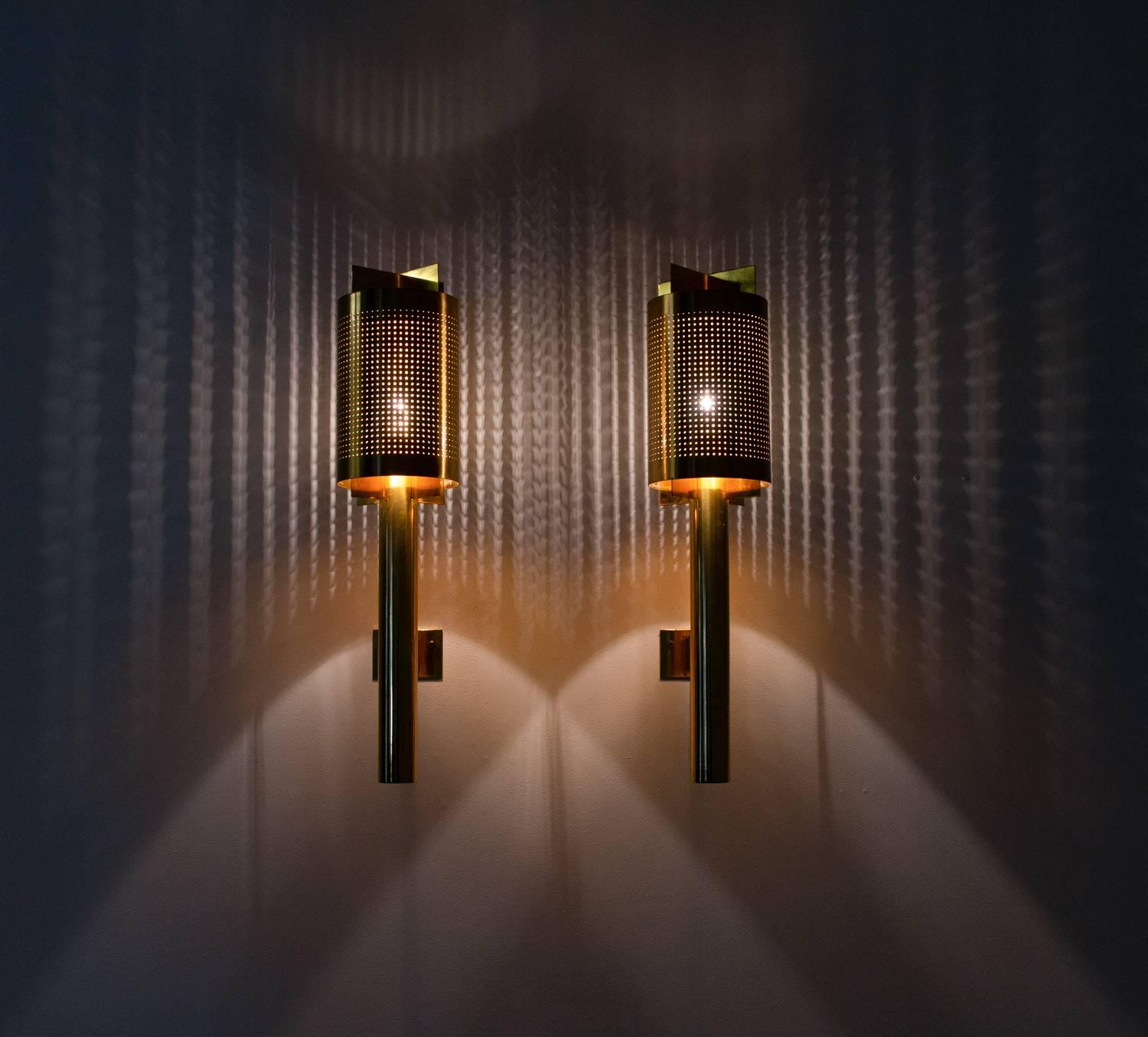 20th Century Large Midcentury Scandinavian Wall Sconces in Perforated Brass For Sale