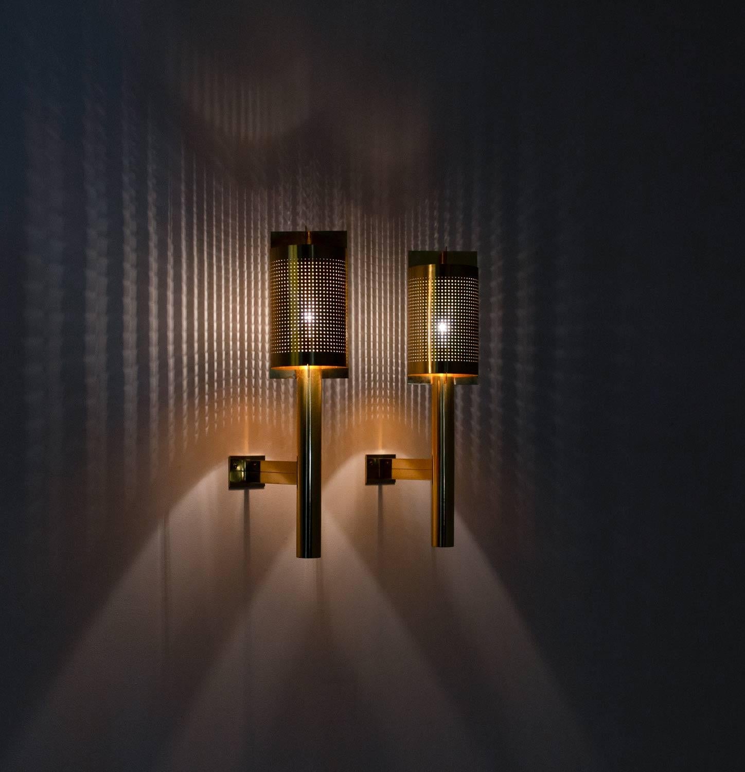 Large Midcentury Scandinavian Wall Sconces in Perforated Brass For Sale 1