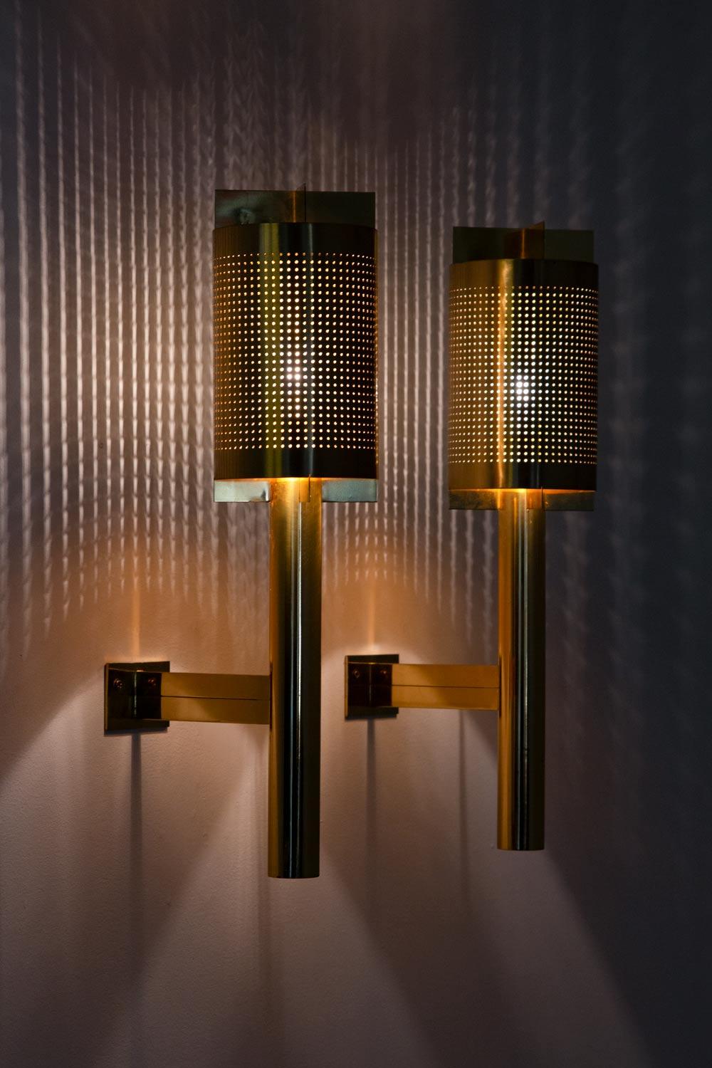Large Midcentury Scandinavian Wall Sconces in Perforated Brass For Sale 2