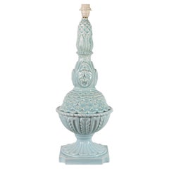 Large Mid-Century Spanish Ceramic Table Lamp, Aqua Blue Glaze, Neoclassical