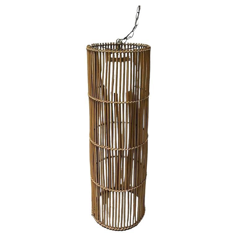 Large Mid-century Split Stick Reed Rattan Hanging Cylinder Chandelier Pendant