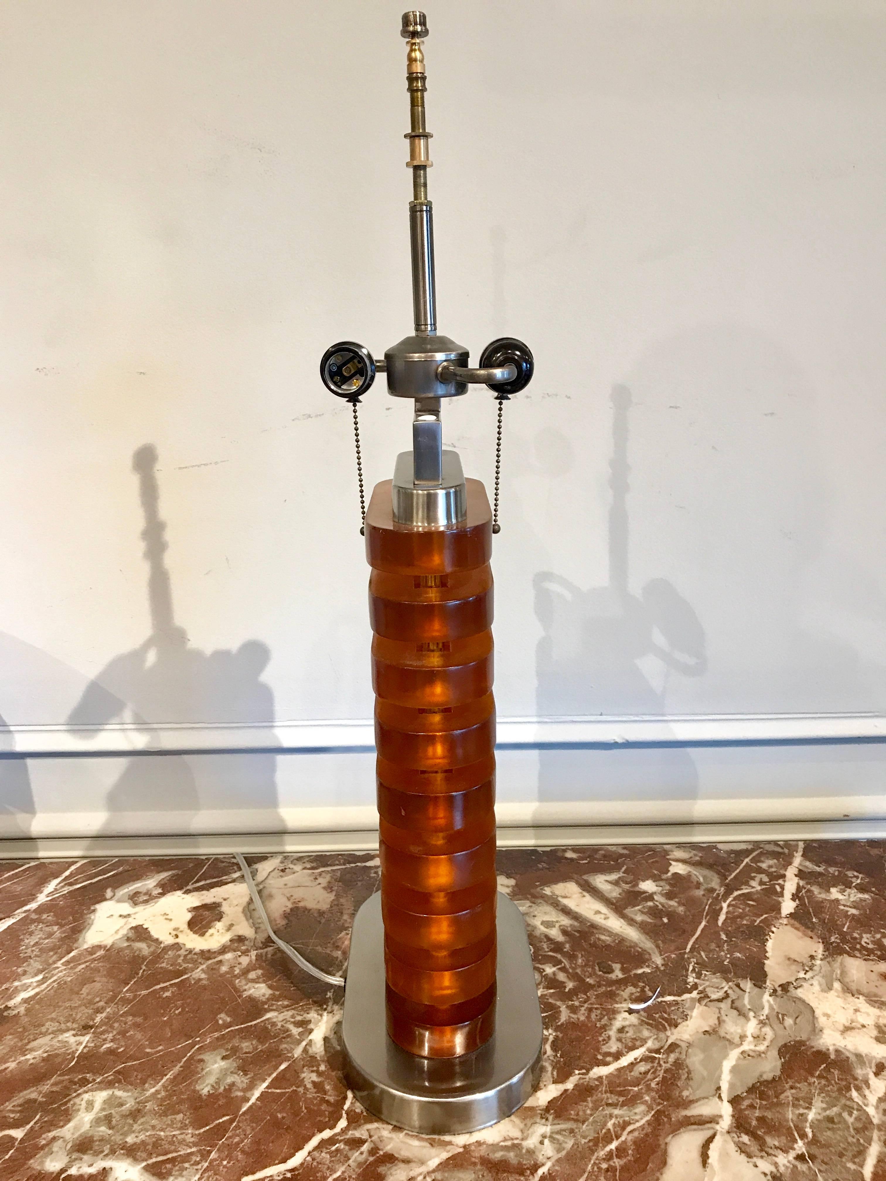 American Large Midcentury Stacked Amber Lucite Lamp