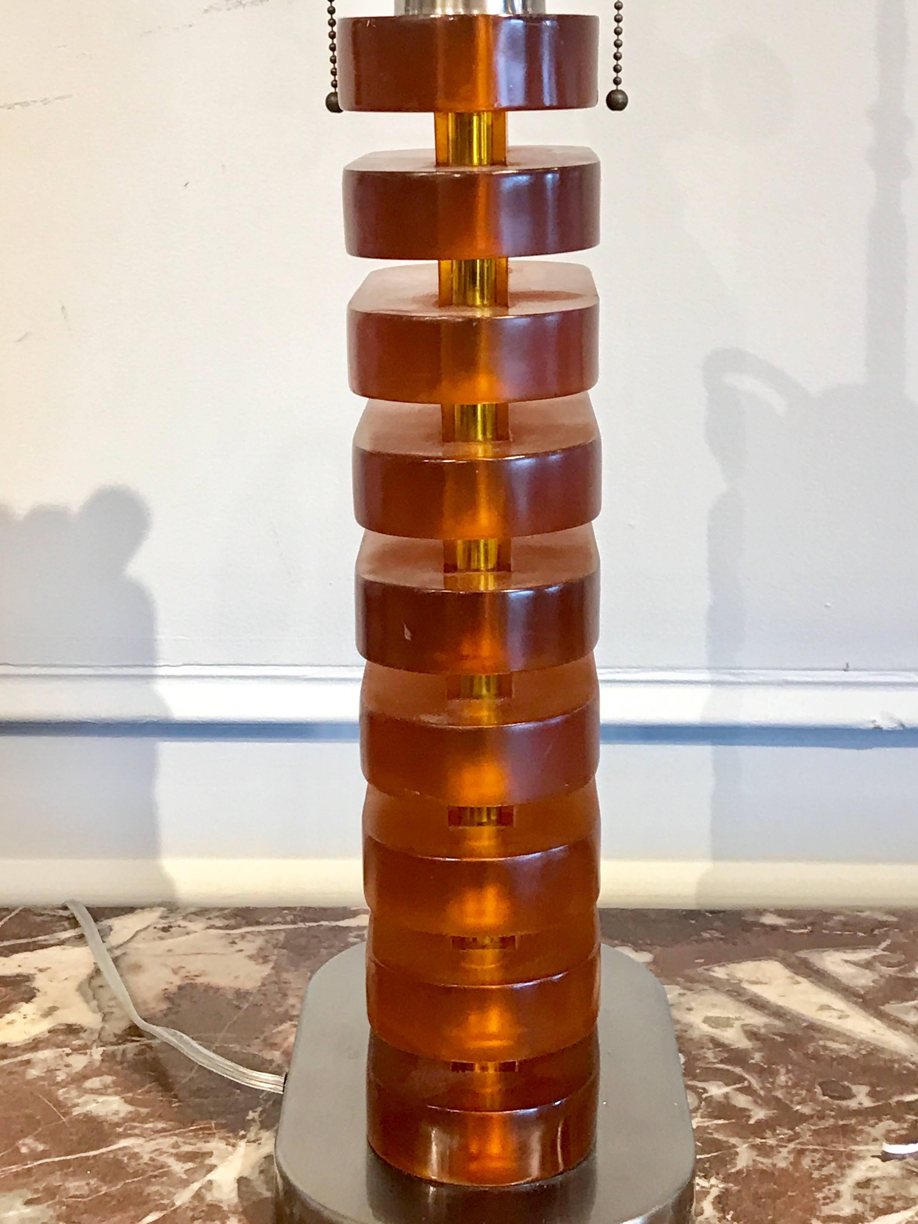 Patinated Large Midcentury Stacked Amber Lucite Lamp