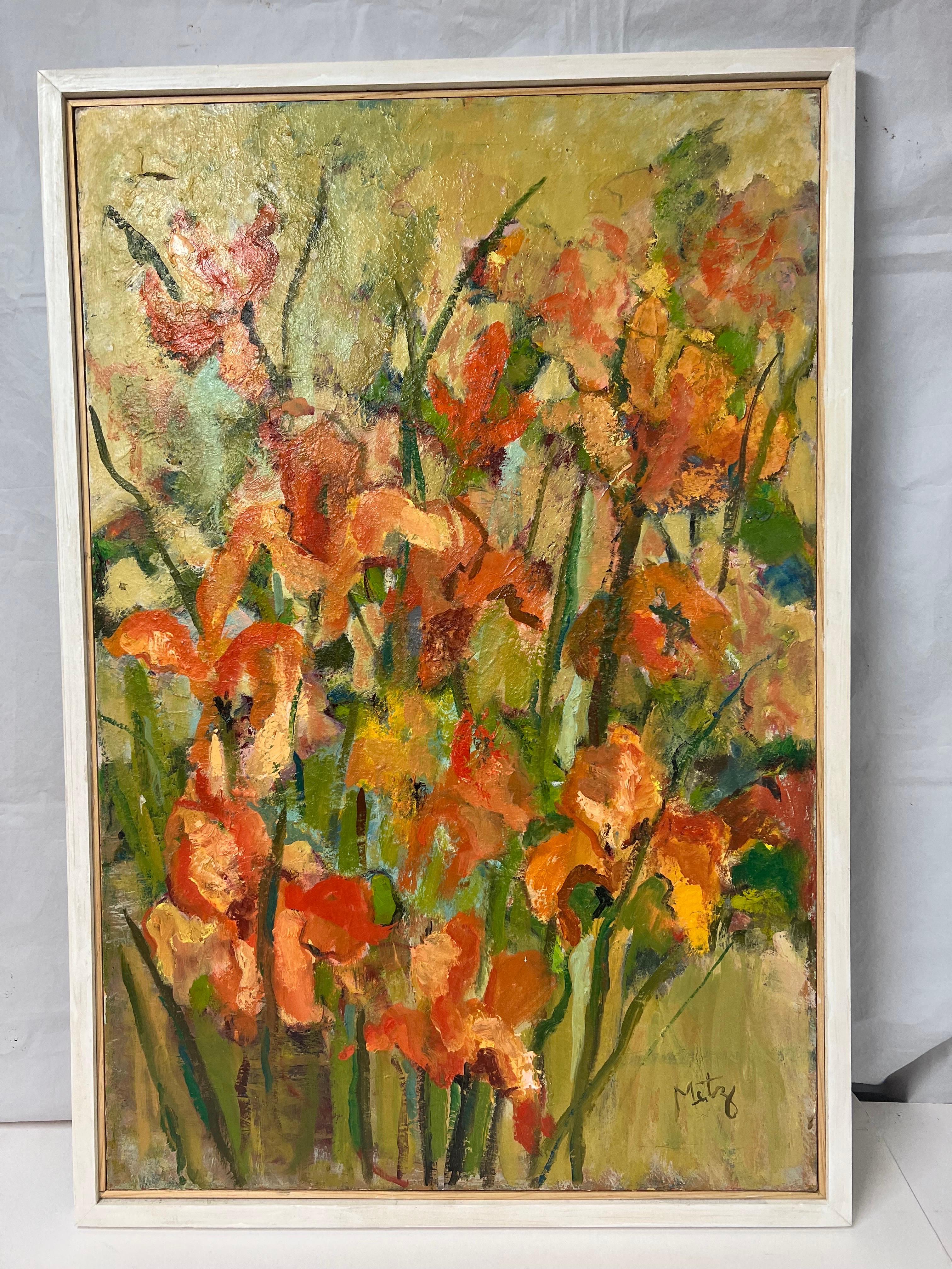 Mid-Century Modern Large Mid Century Still Life of Flowers Signed Metz For Sale
