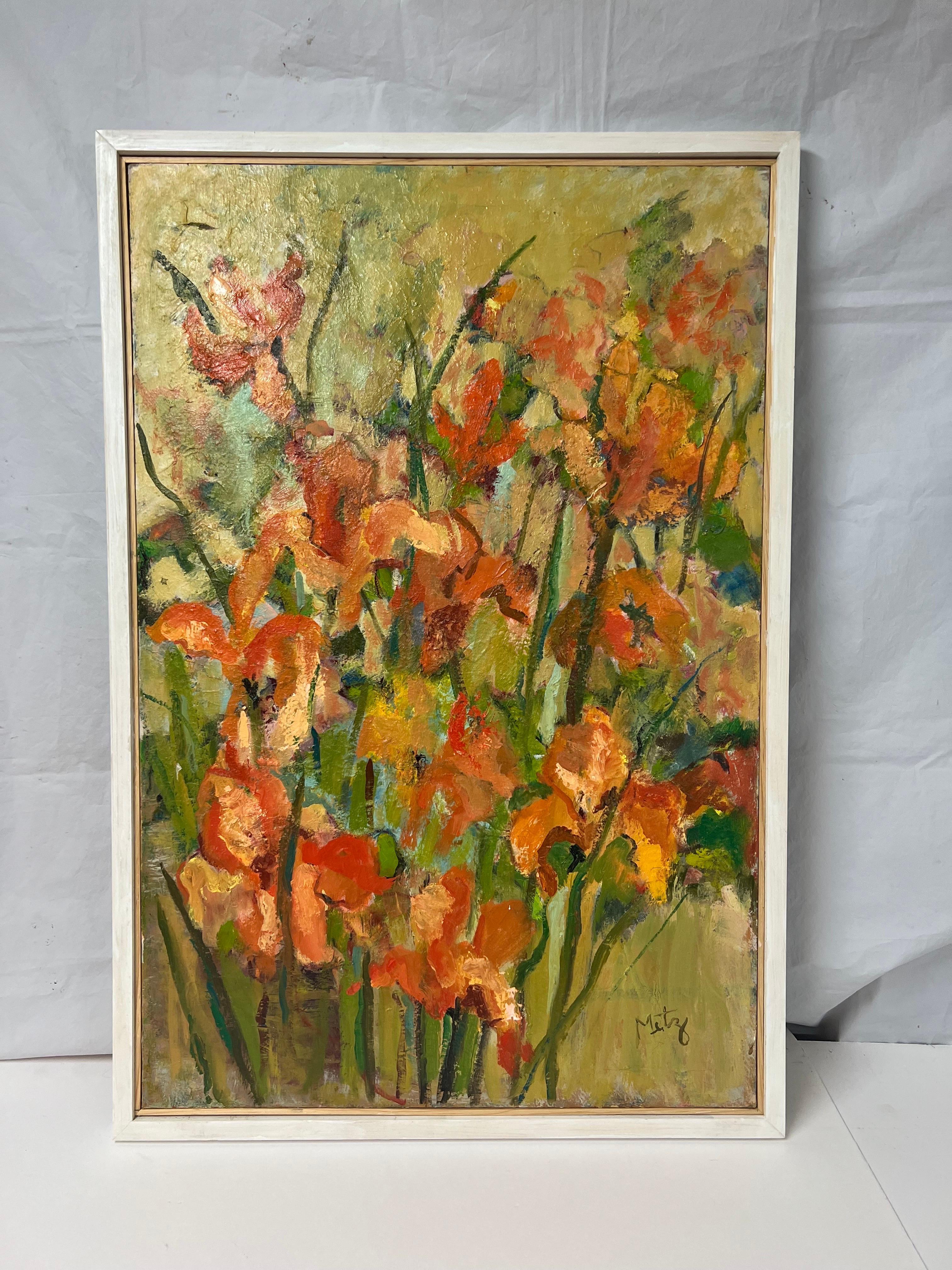 Large Mid Century Still Life of Flowers Signed Metz In Good Condition For Sale In Redding, CT