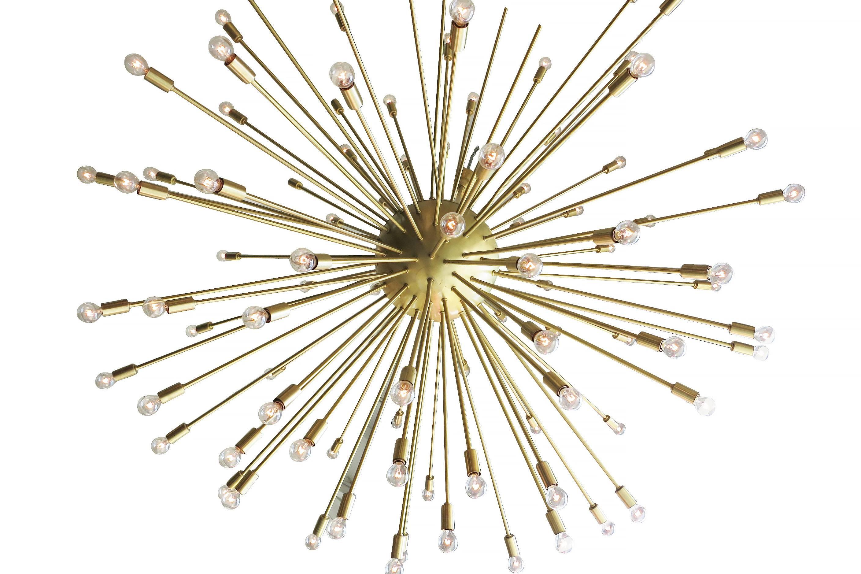 Large 6-foot Mid-Century Modern style Sputnik chandelier consisting of over a 100 brass rods that extend from its brass center point with each rod having its own light socket.

It is suspended from a brass dome canopy and rod. It has been newly made