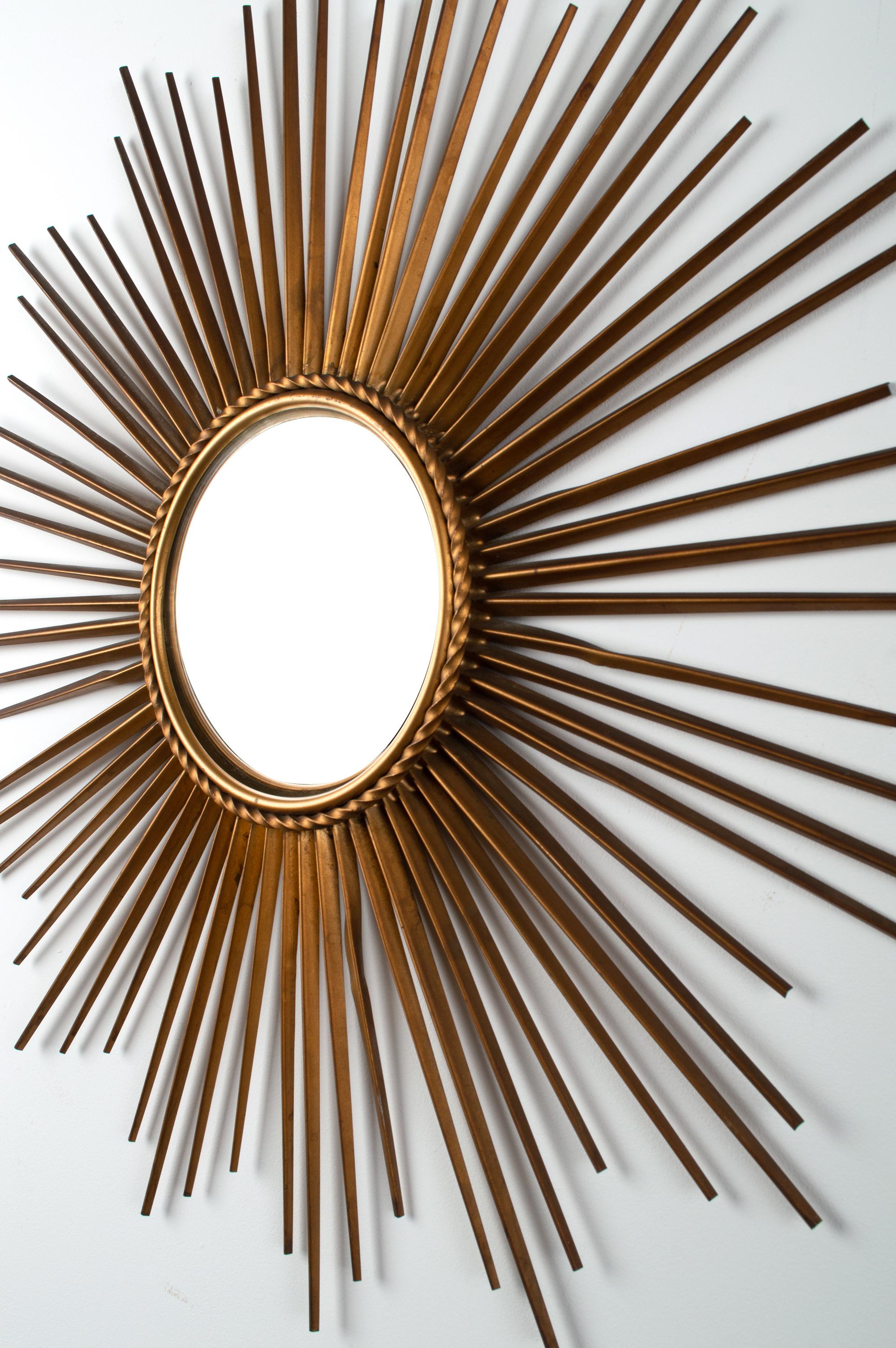 French Large Midcentury Sunburst Convex Mirror by Chaty Vallarius, France, circa 1950 For Sale