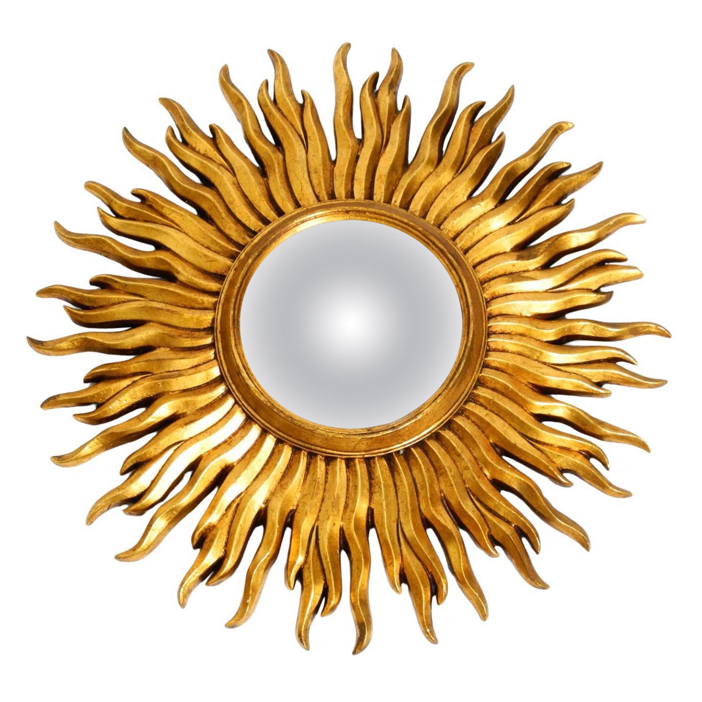 Grand miroir mural Mid Century Sunburst Wood en bois et résine, plaqué or en vente