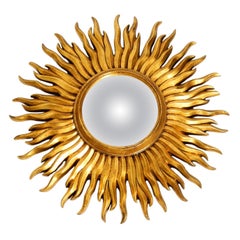 Grand miroir mural Mid Century Sunburst Wood en bois et résine, plaqué or