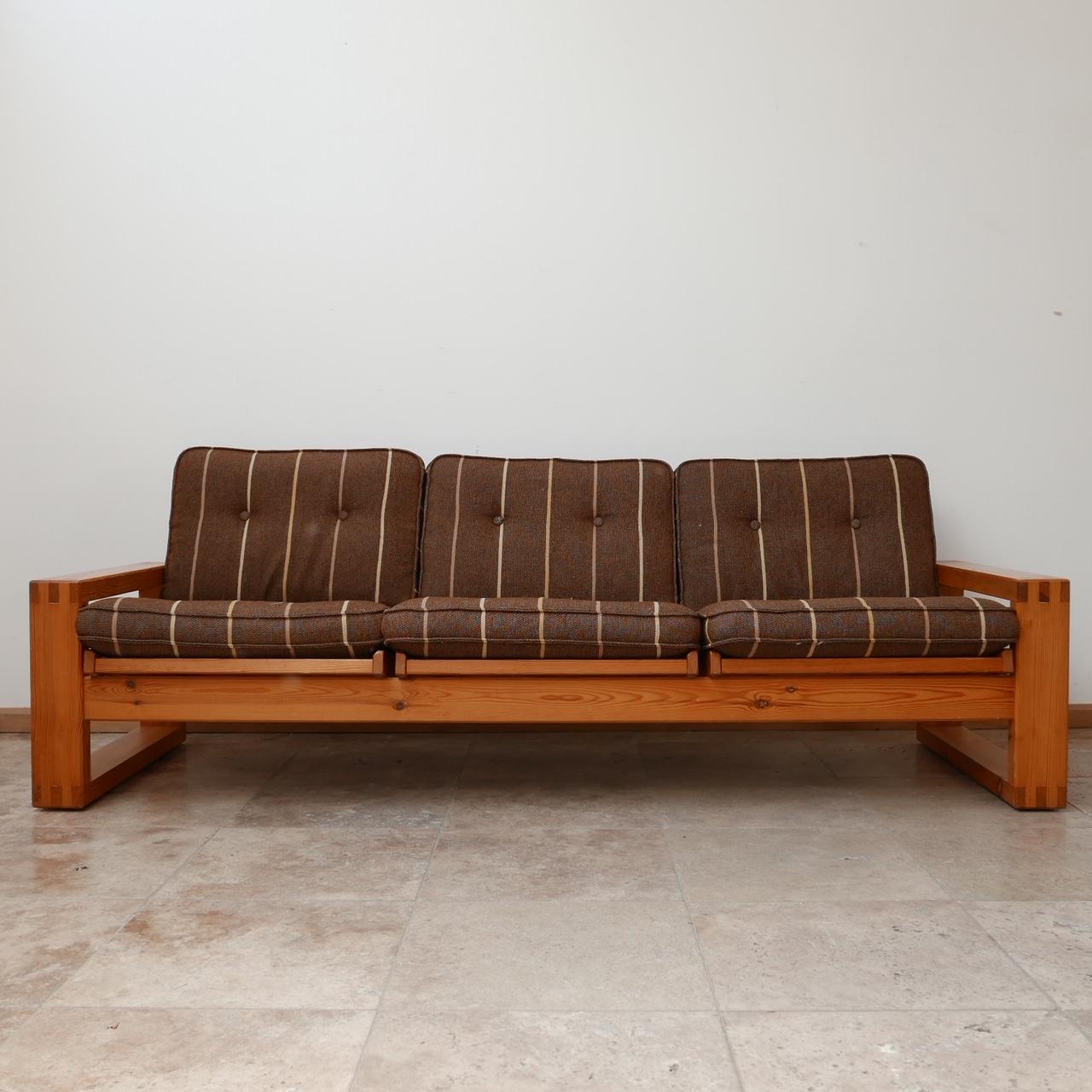 A three seater sofa in pine for Swedese Design by Yngve Ekstrom. 

Sweden, circa 1960s. 

Original upholstery retained in good condition but there are marks and scuffs commensurate with age to upholstery and wood. 

Comfy and very stylish,