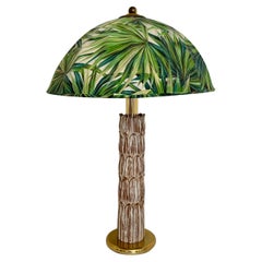 Large Mid Century Table Lamp in Palm Optic in Carved Wood with Lamp Shade, 1970