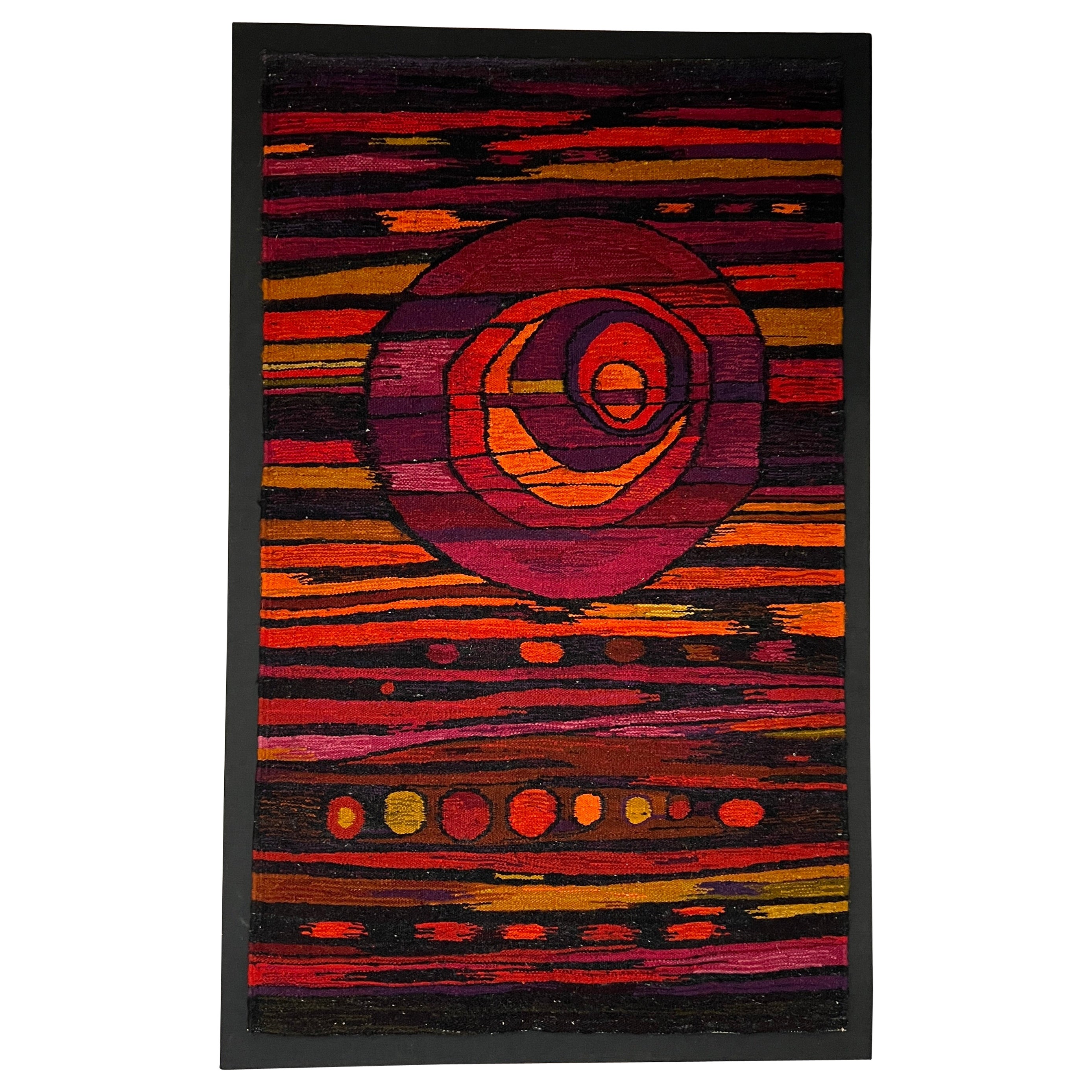 Large Mid-Century Tapestry Mounted on Black Canvas Frame For Sale