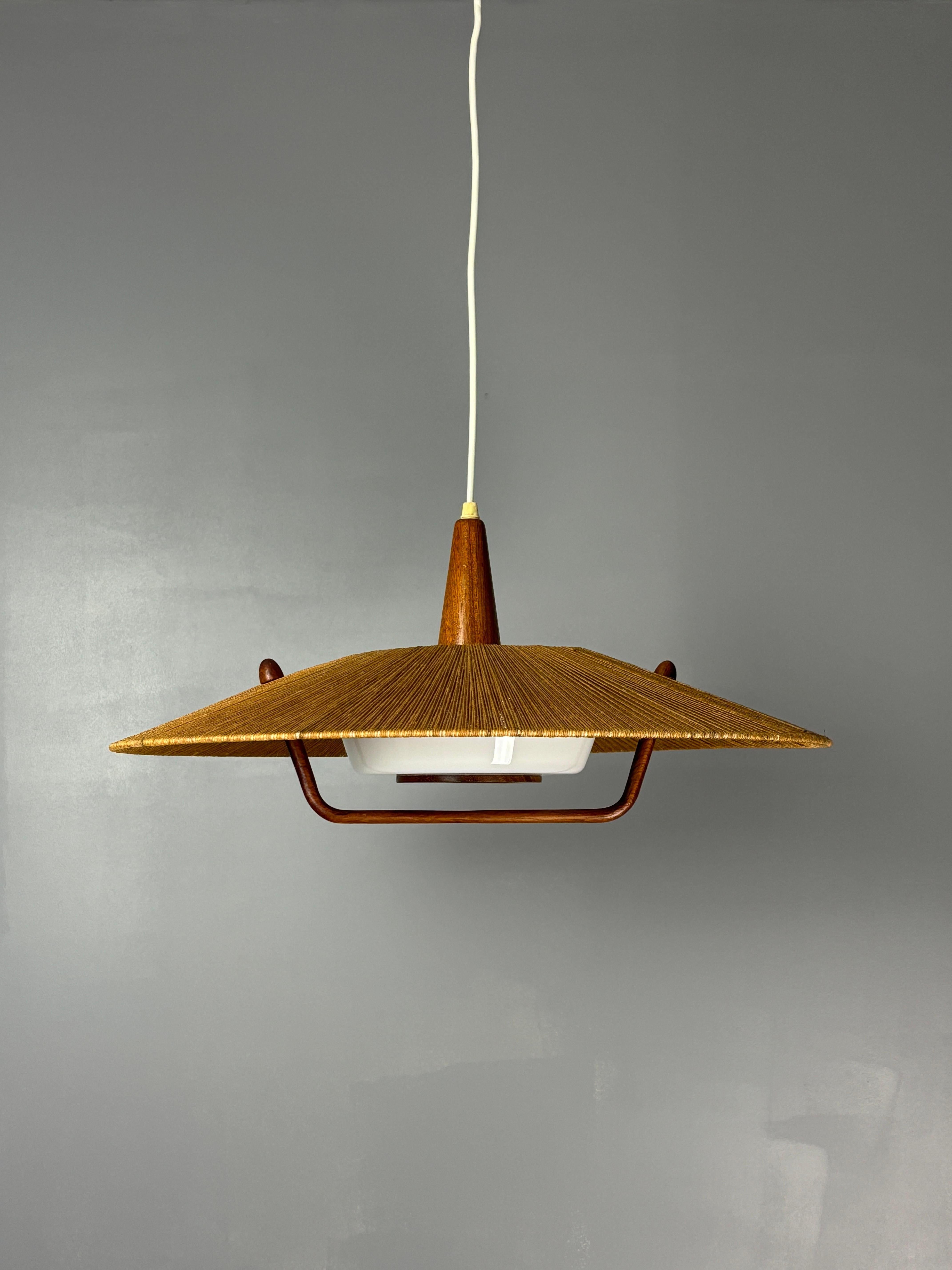 Large Mid-Century Teak and Sisal Cord Hanging Pendant Lamp, 1960s For Sale 3