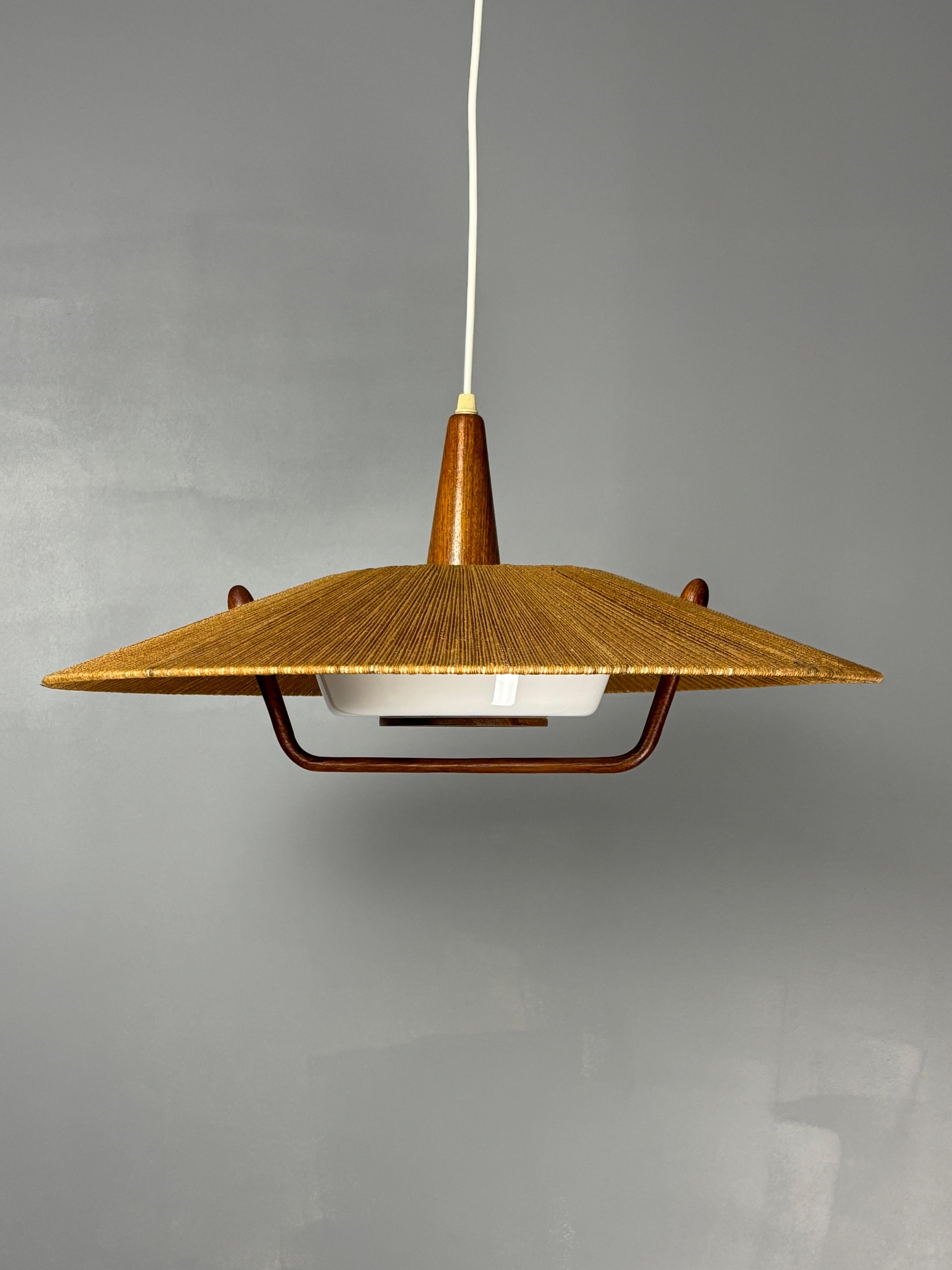 Large Mid-Century Teak and Sisal Cord Hanging Pendant Lamp, 1960s For Sale 4