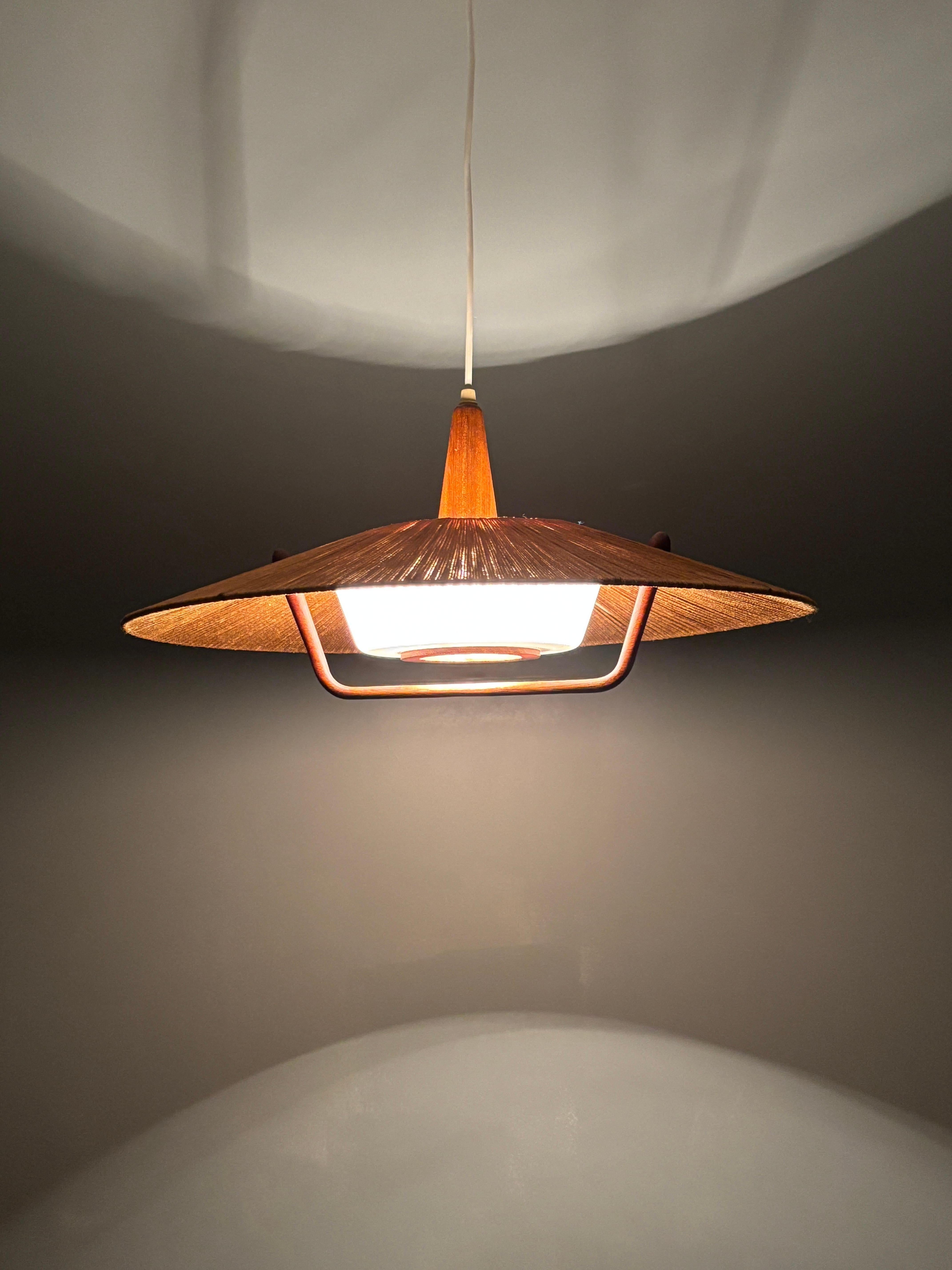 Large Mid-Century Teak and Sisal Cord Hanging Pendant Lamp, 1960s For Sale 5