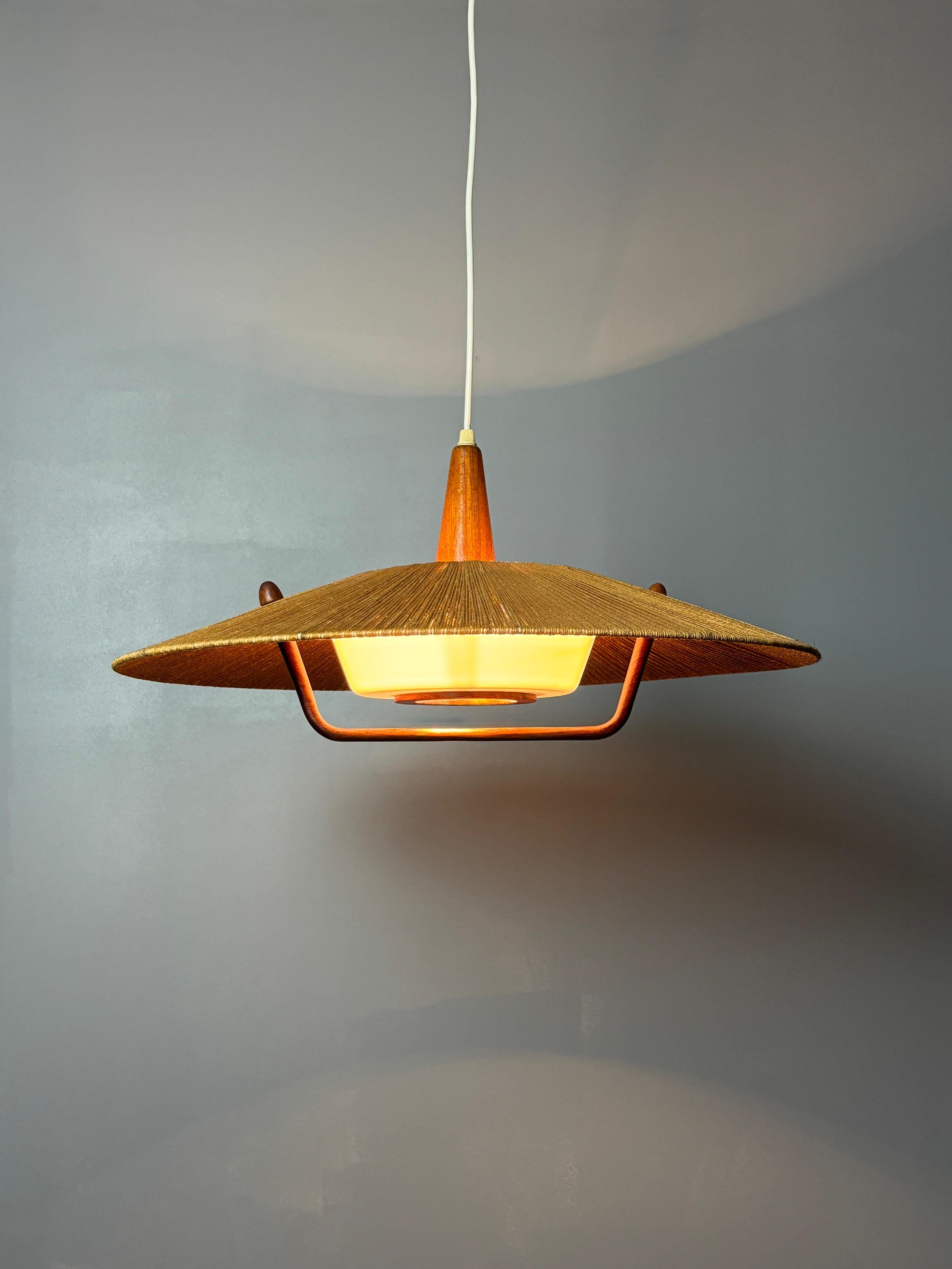 Large Mid-Century Teak and Sisal Cord Hanging Pendant Lamp, 1960s For Sale 6