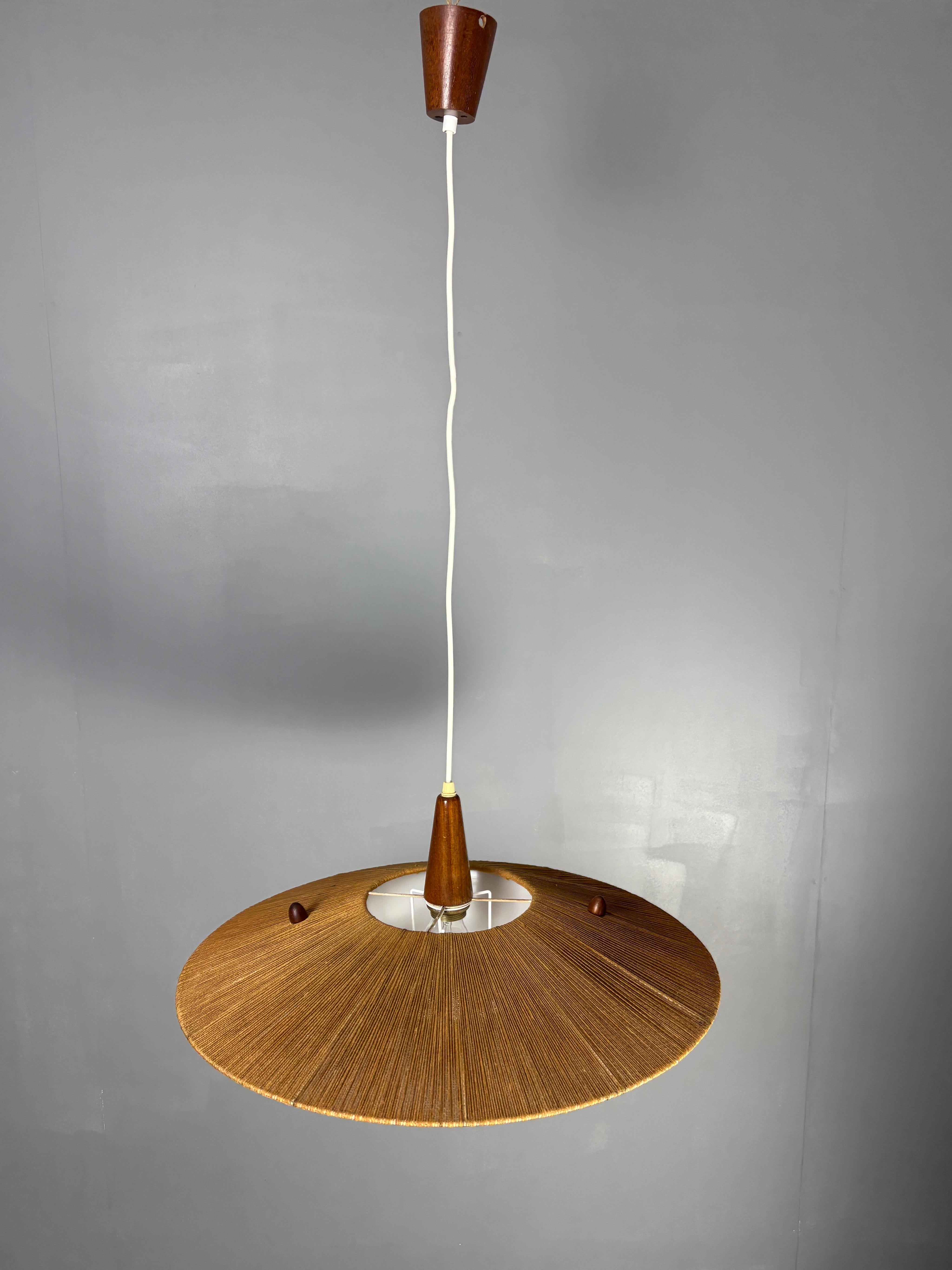Large Mid-Century Teak and Sisal Cord Hanging Pendant Lamp, 1960s For Sale 7