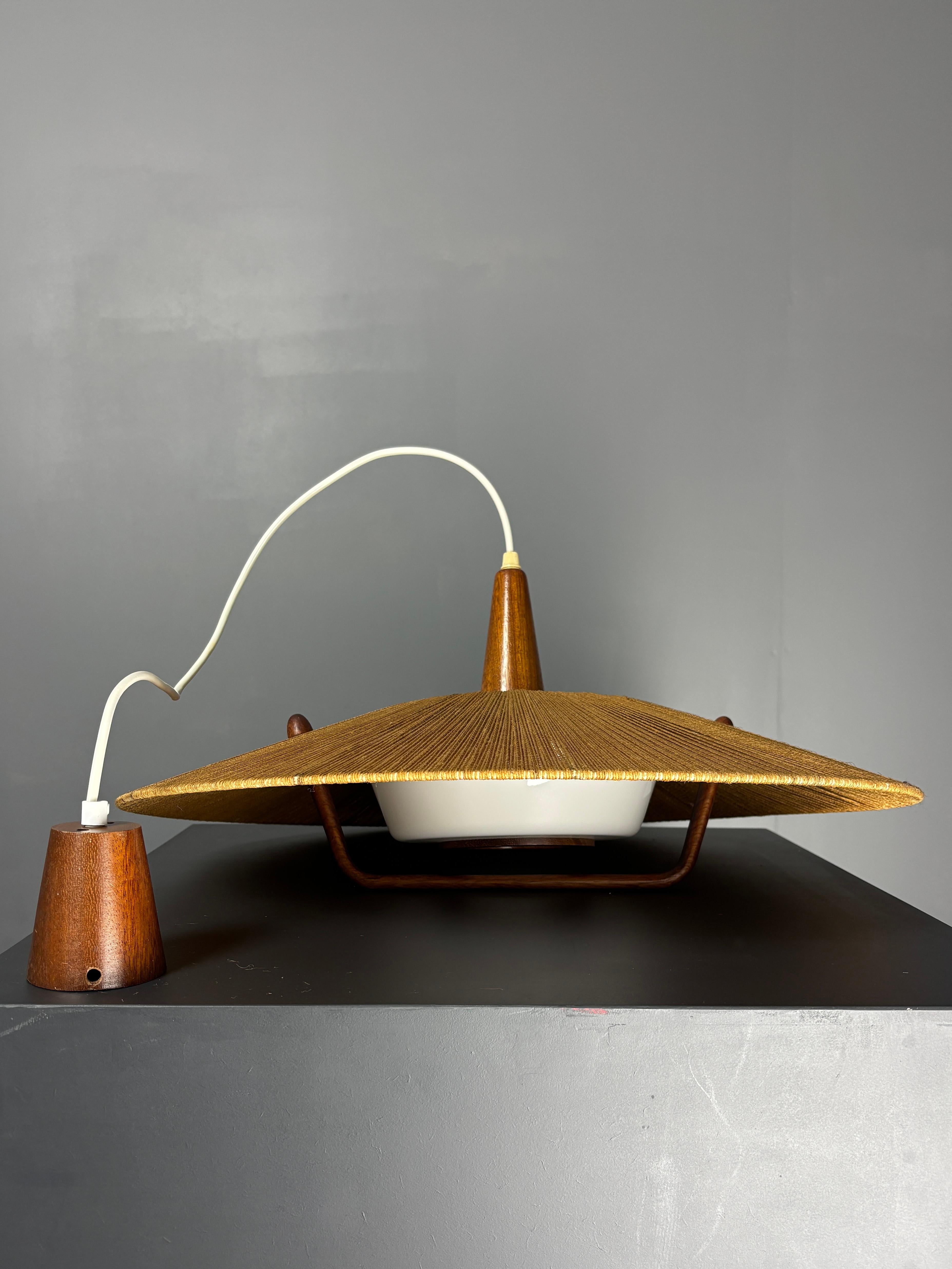 Large Mid-Century Teak and Sisal Cord Hanging Pendant Lamp, 1960s For Sale 8