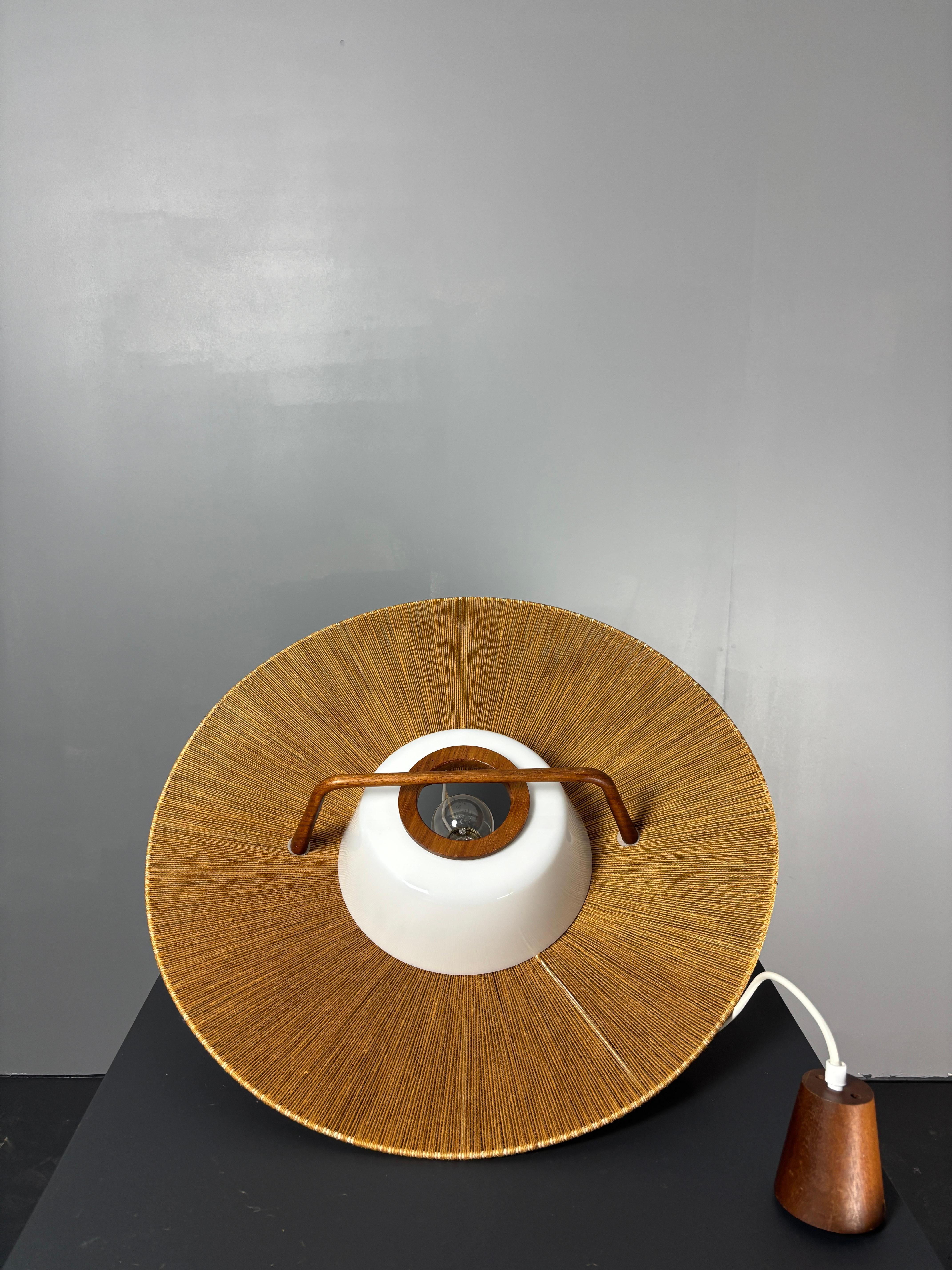 Large Mid-Century Teak and Sisal Cord Hanging Pendant Lamp, 1960s For Sale 9