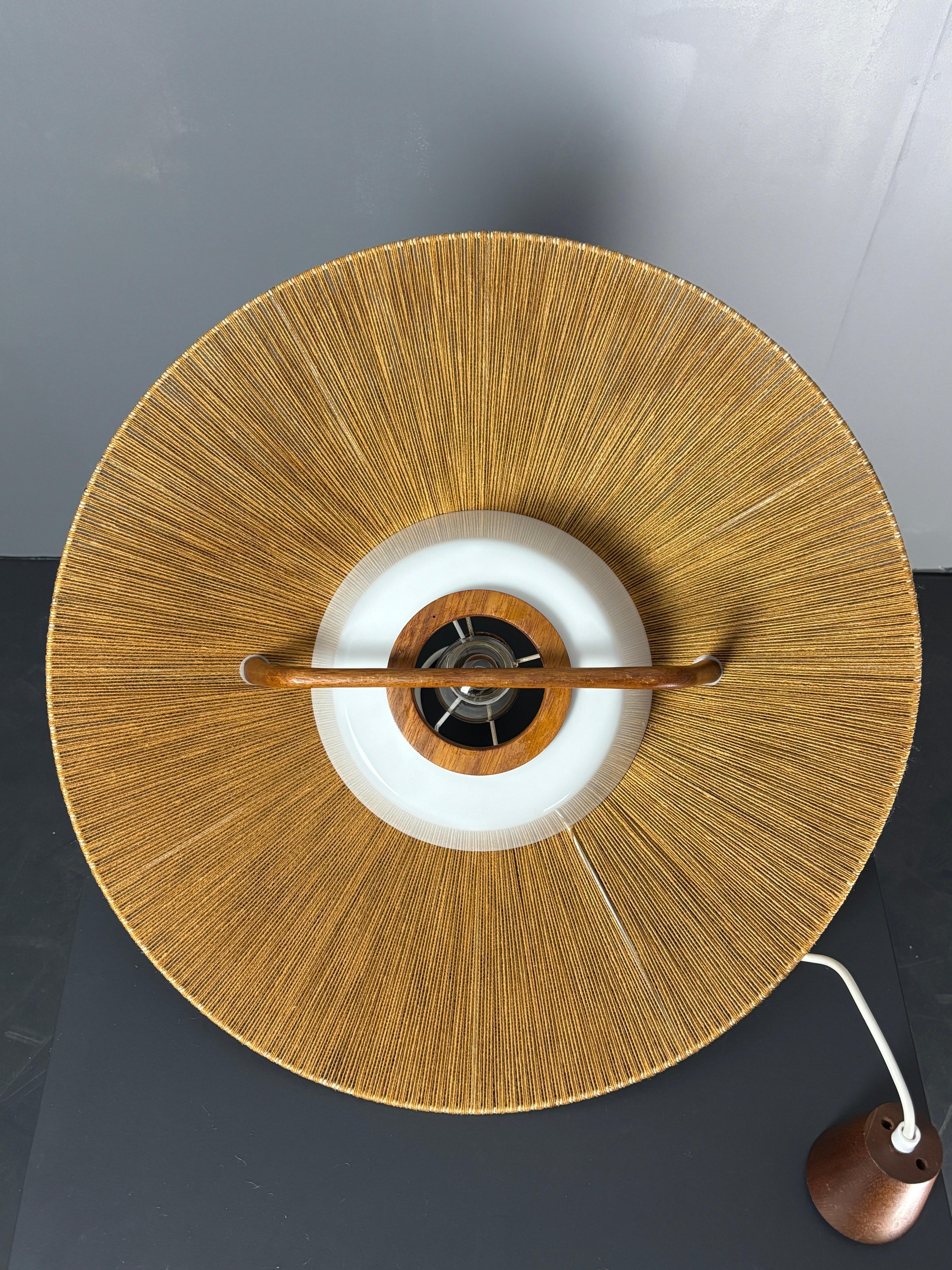 Large Mid-Century Teak and Sisal Cord Hanging Pendant Lamp, 1960s For Sale 10