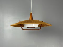 Large Mid-Century Teak and Sisal Cord Hanging Pendant Lamp, 1960s