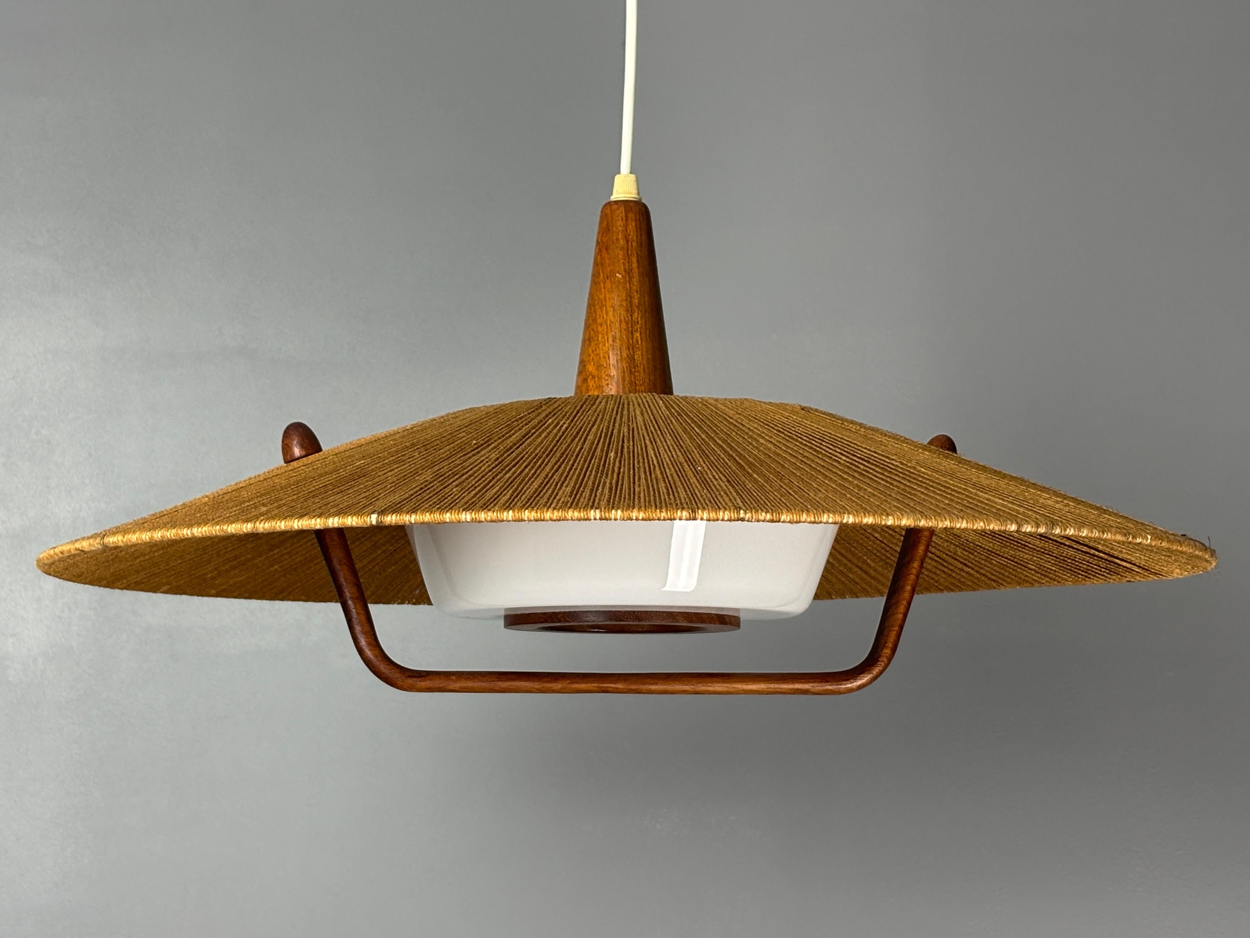 Space Age Large Mid-Century Teak and Sisal Cord Hanging Pendant Lamp, 1960s For Sale