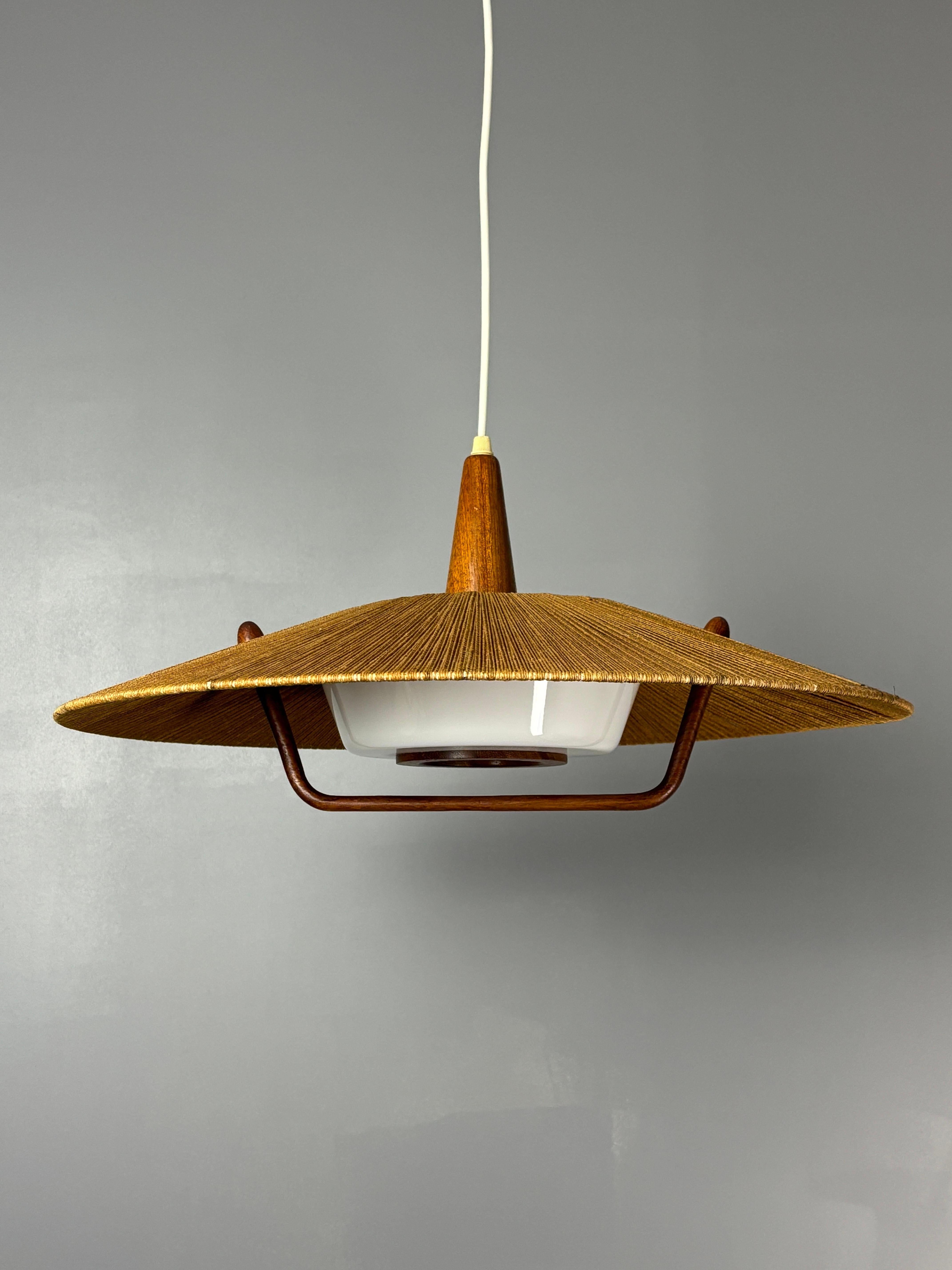 Swiss Large Mid-Century Teak and Sisal Cord Hanging Pendant Lamp, 1960s For Sale