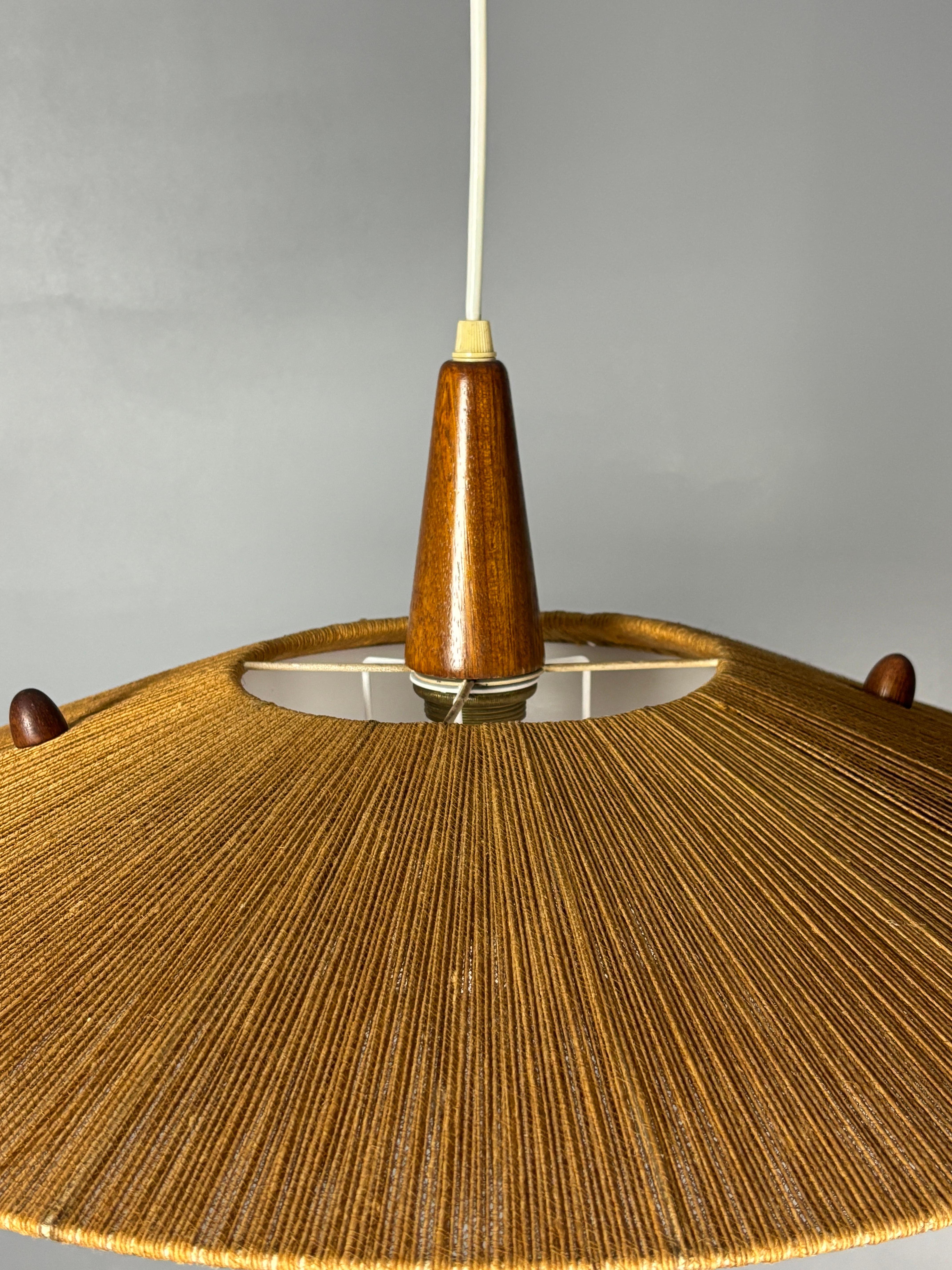 Mid-20th Century Large Mid-Century Teak and Sisal Cord Hanging Pendant Lamp, 1960s For Sale
