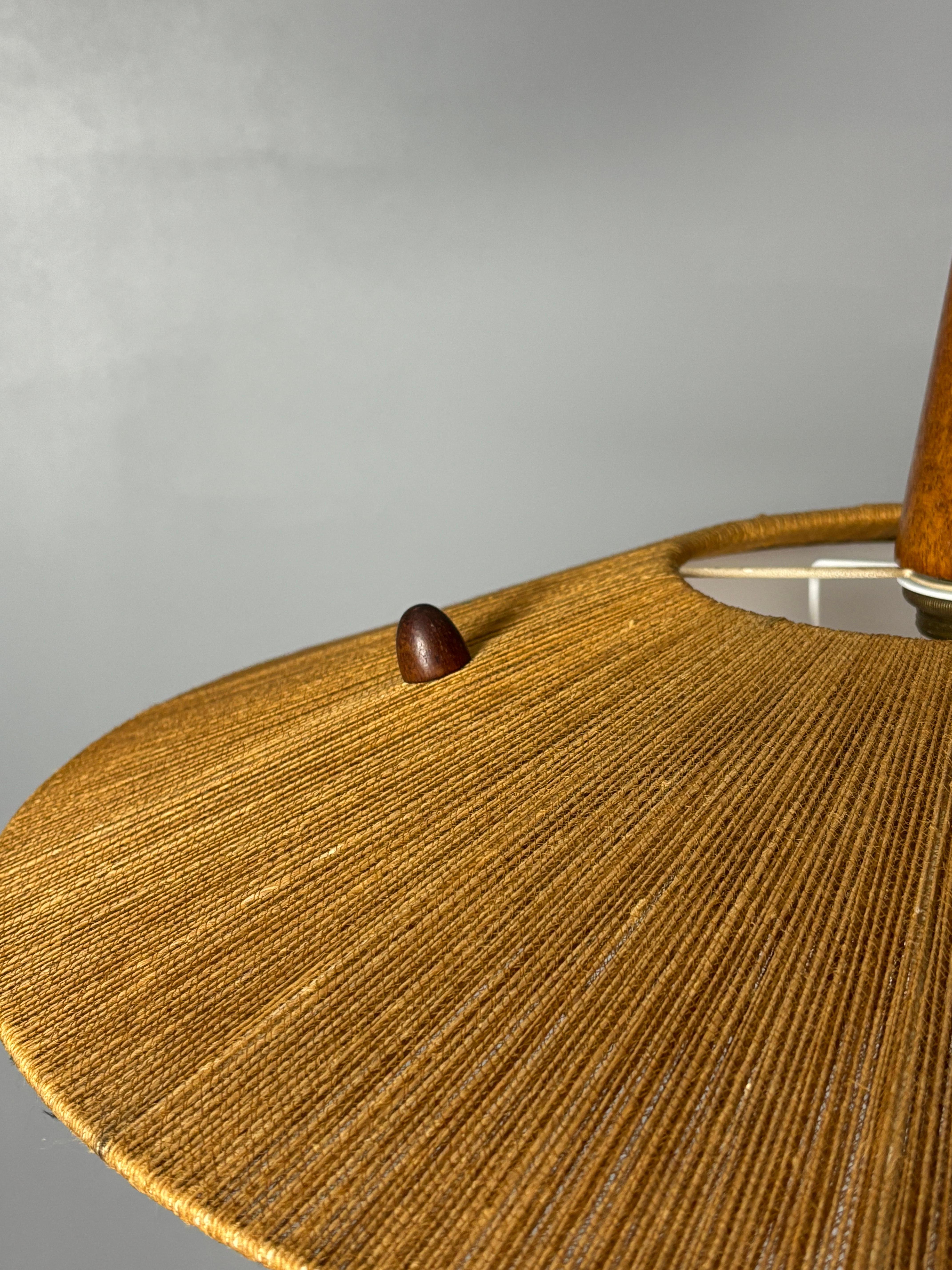 Rope Large Mid-Century Teak and Sisal Cord Hanging Pendant Lamp, 1960s For Sale