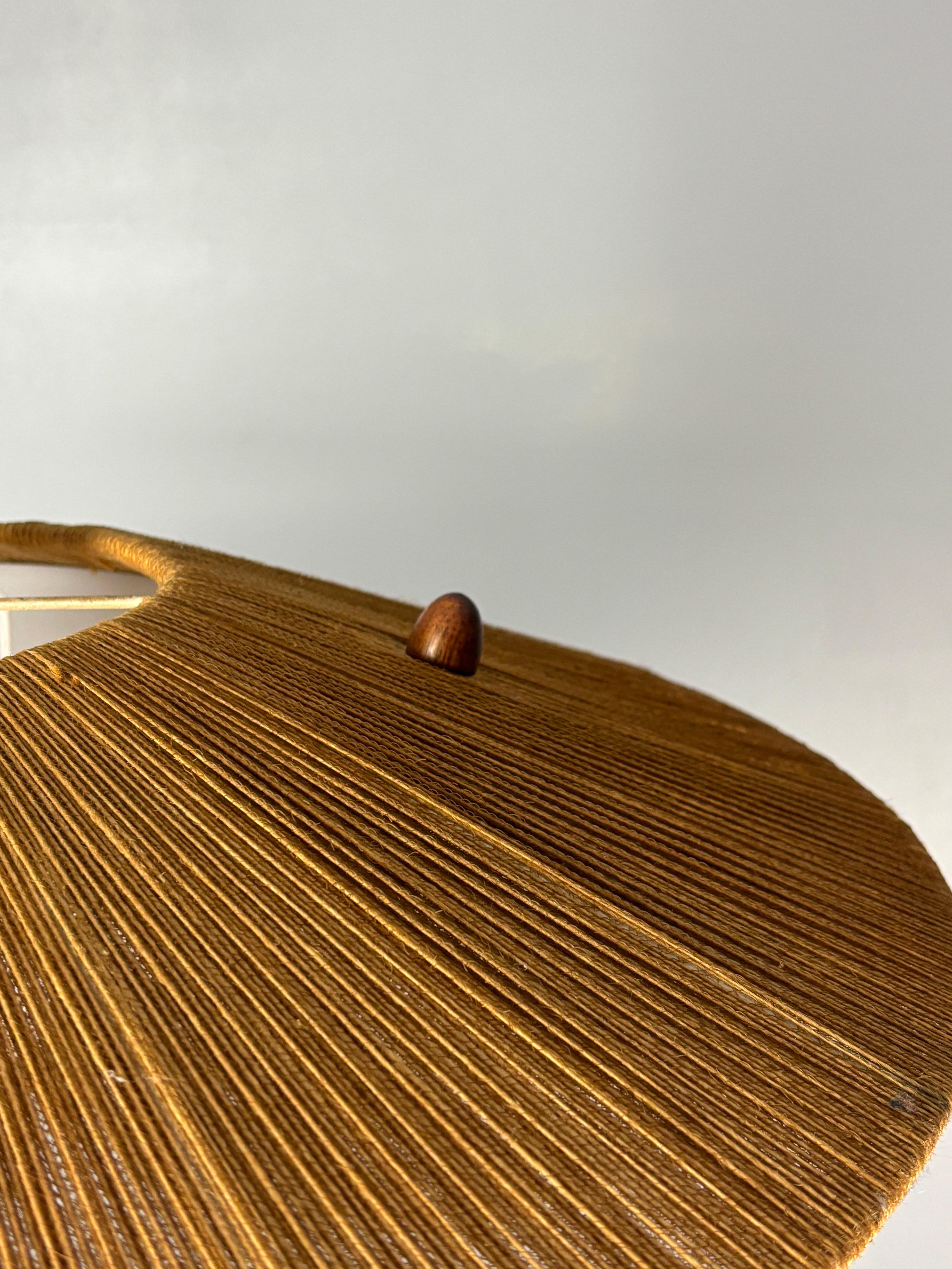 Large Mid-Century Teak and Sisal Cord Hanging Pendant Lamp, 1960s For Sale 1