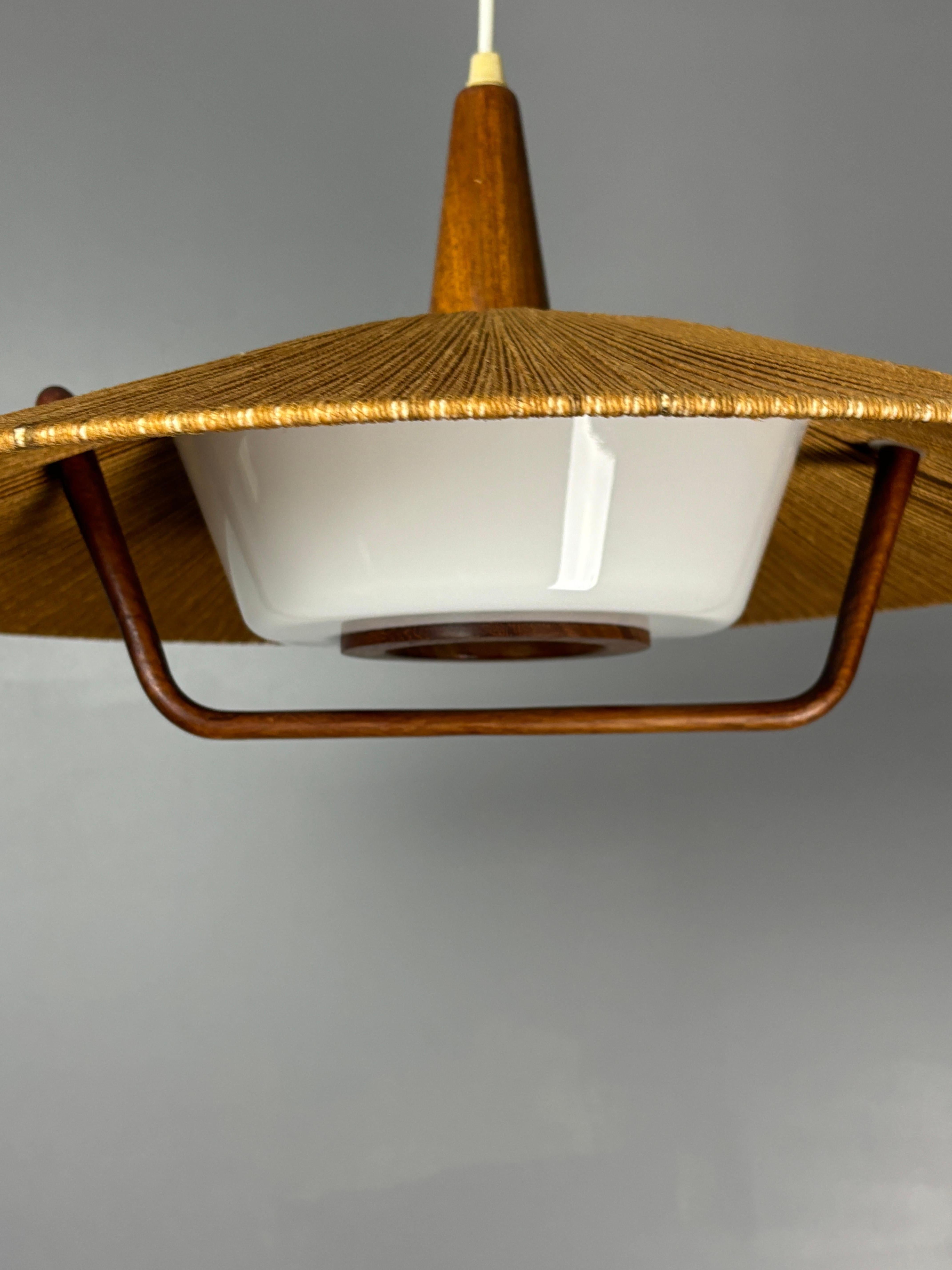 Large Mid-Century Teak and Sisal Cord Hanging Pendant Lamp, 1960s For Sale 2